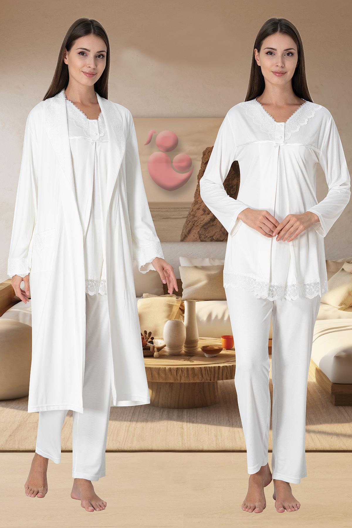 Effortt 4034 Ekru Gizli Emzirme Cepli Sabahlıklı Lohusa Pijama Takımı