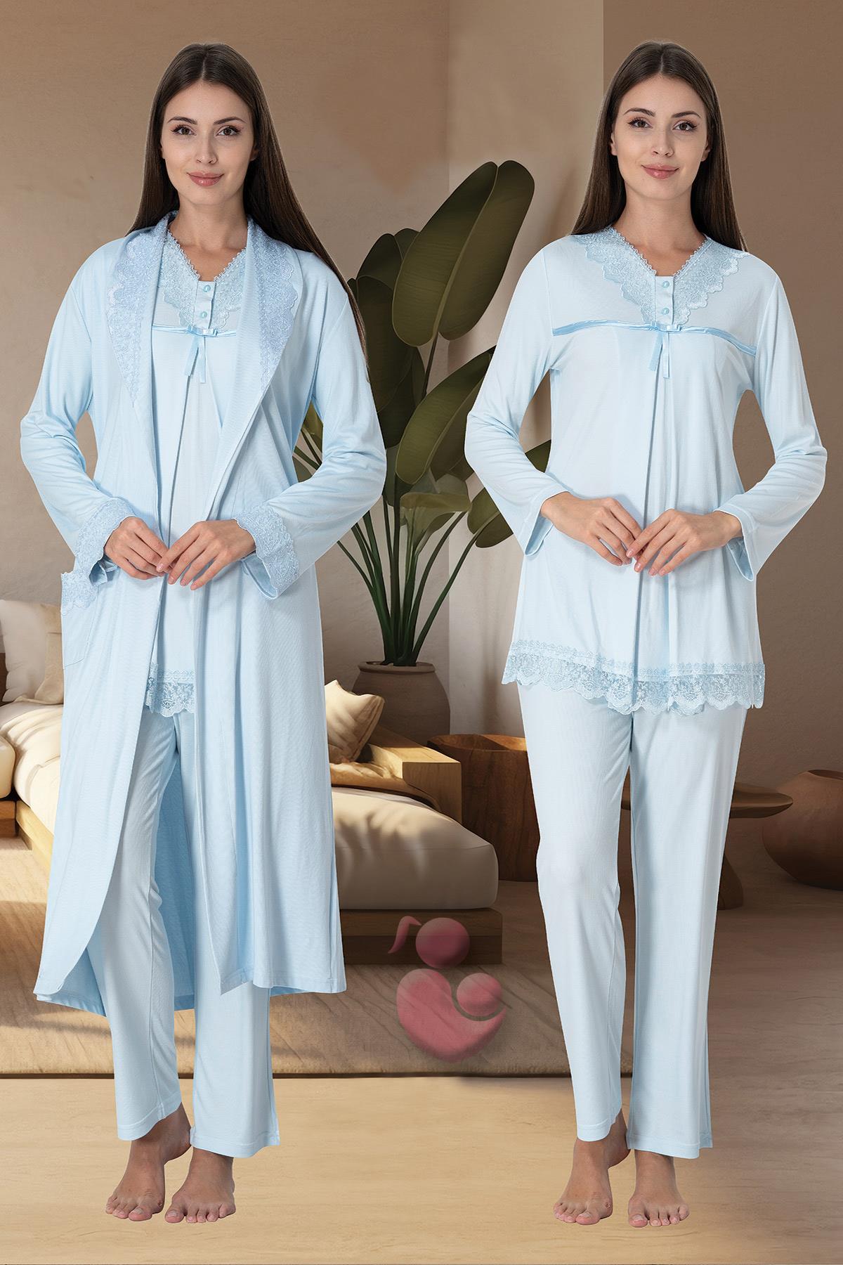 Effortt 4034 Mavi Gizli Emzirme Cepli Sabahlıklı Lohusa Pijama Takımı