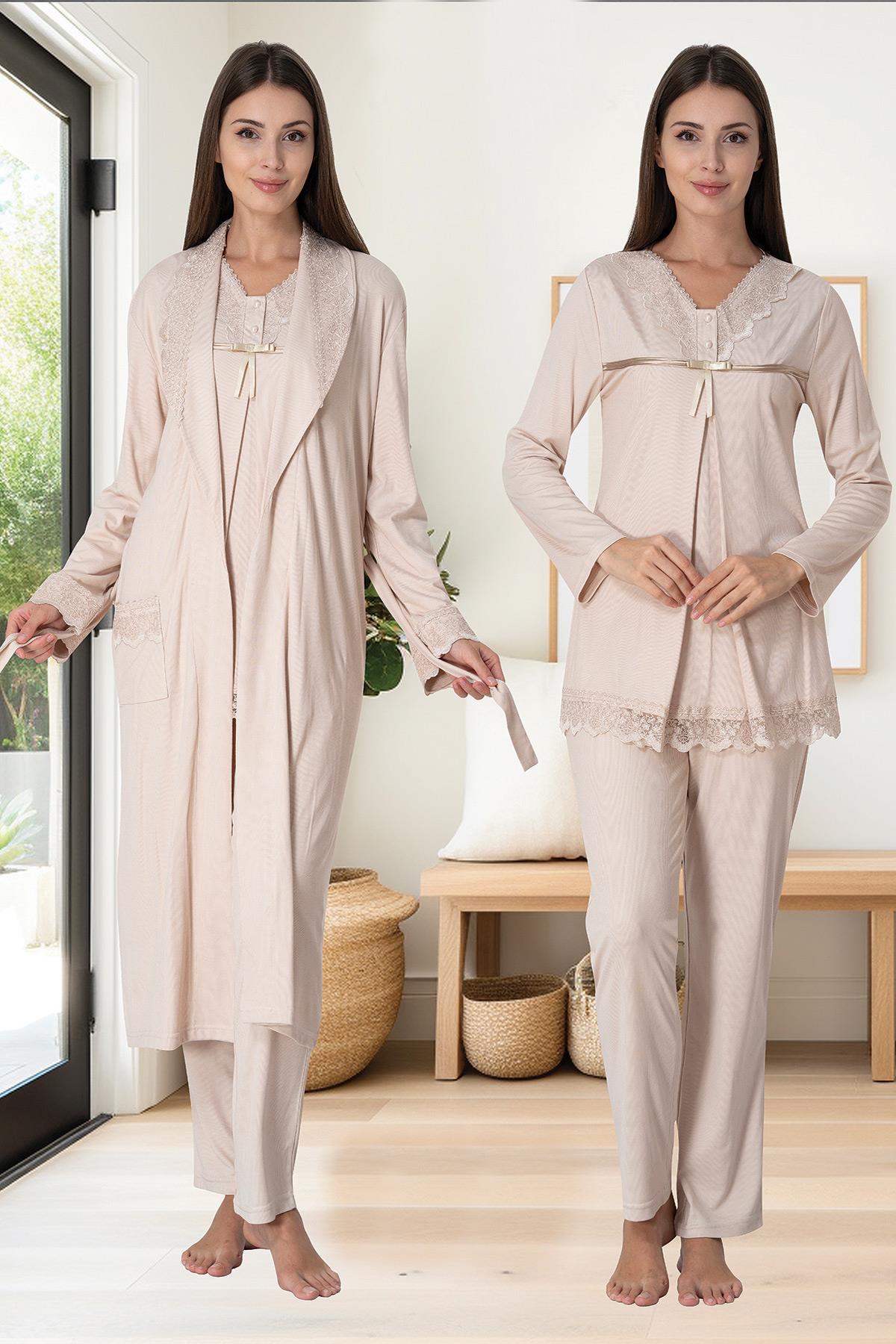 Effortt 4034 Sütlü Kahve Gizli Emzirme Cepli Sabahlıklı Lohusa Pijama Takımı