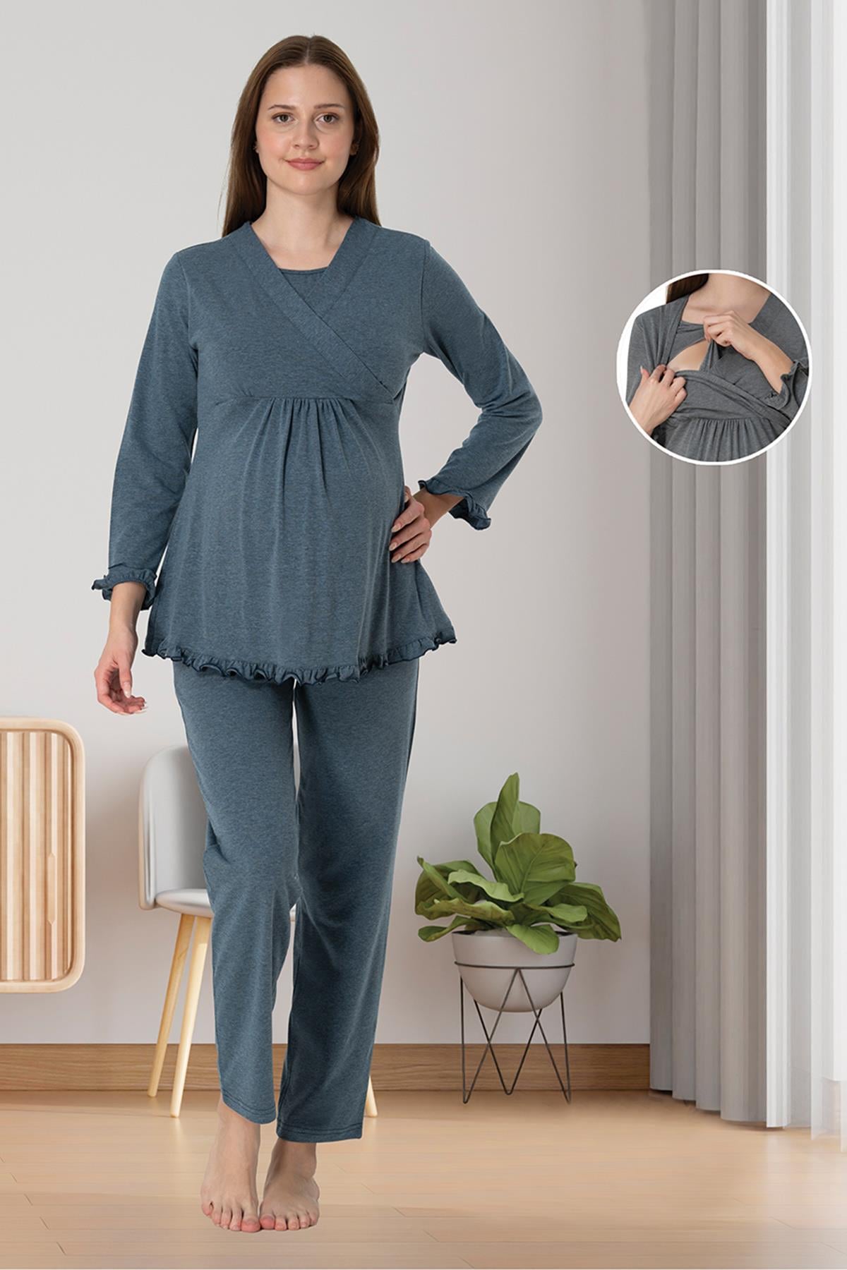 Effortt 4042 Antrasit Gizli Emzirme Özellikli Lohusa Pijama Takımı