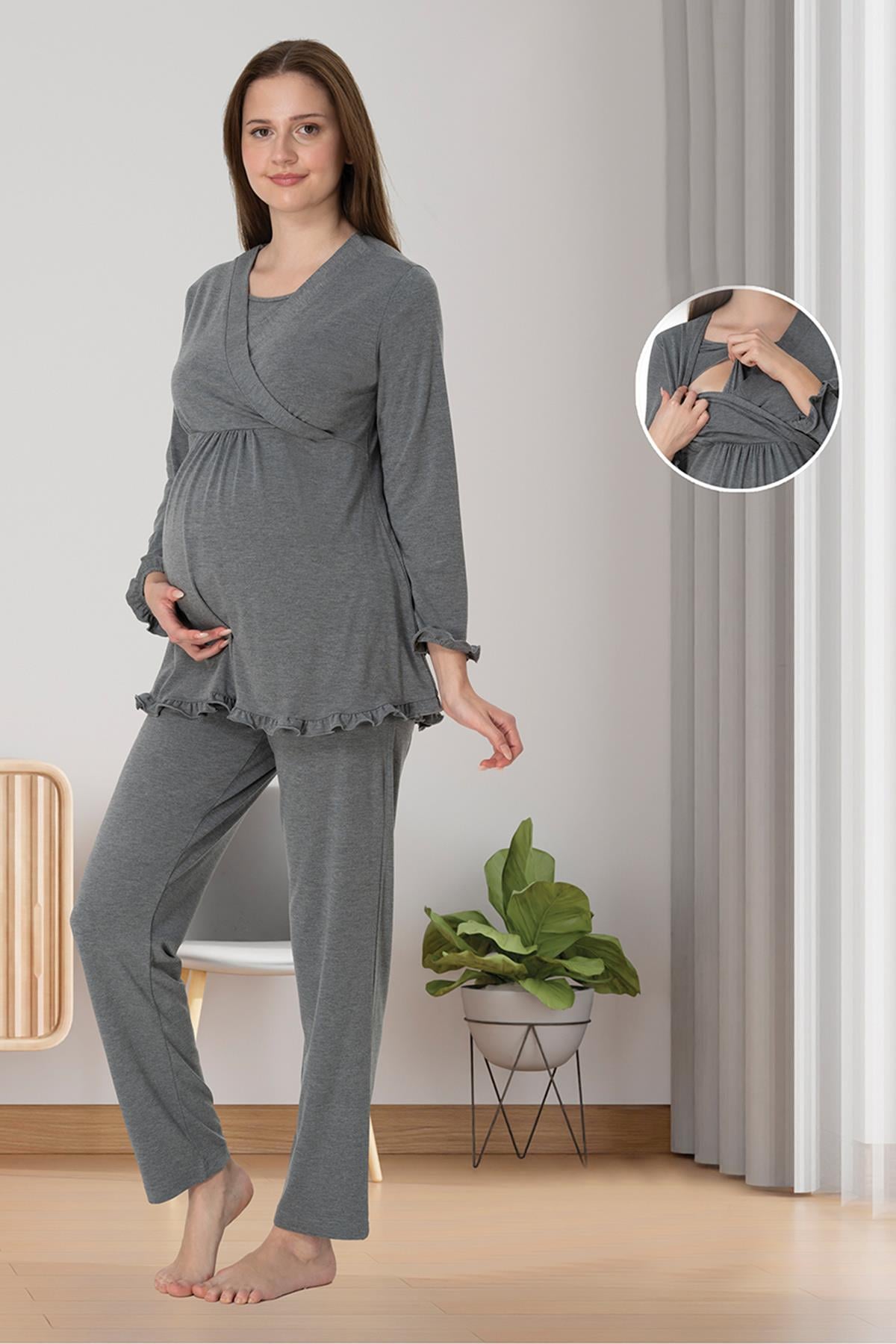 Effortt 4042 Füme Gizli Emzirme Özellikli Lohusa Pijama Takımı