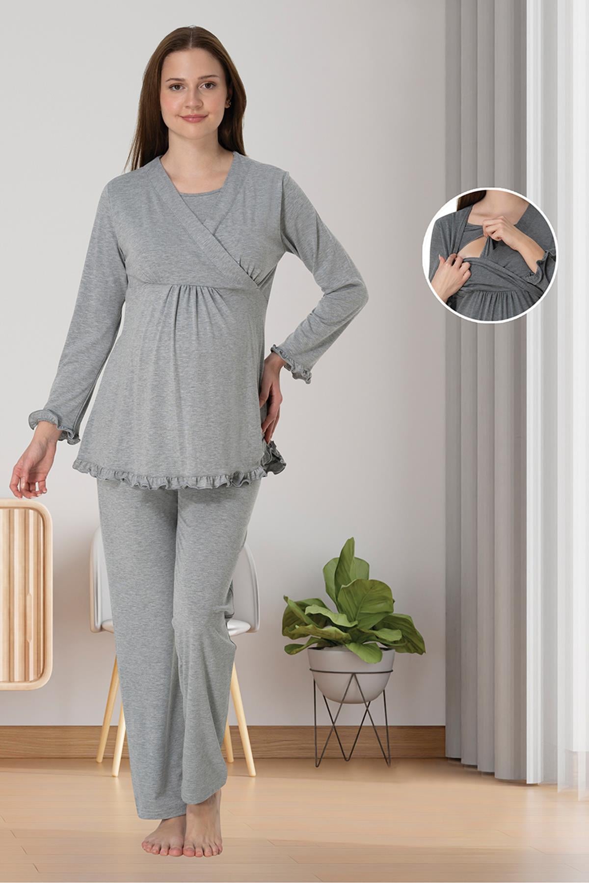 Effortt 4042 Gri Gizli Emzirme Özellikli Lohusa Pijama Takımı