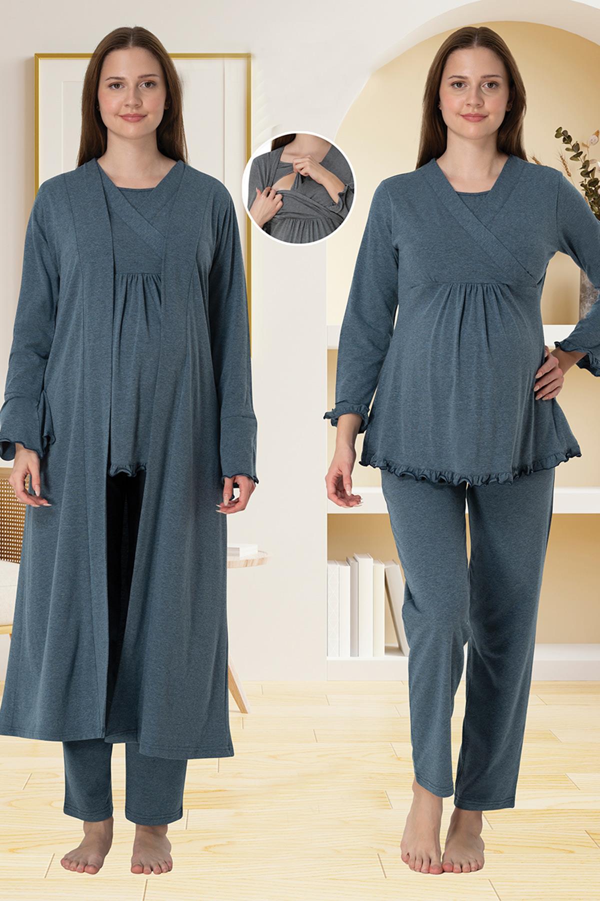 Effortt 4044 Antrasit Gizli Emzirme Özellikli Sabahlıklı Lohusa Pijama Takımı