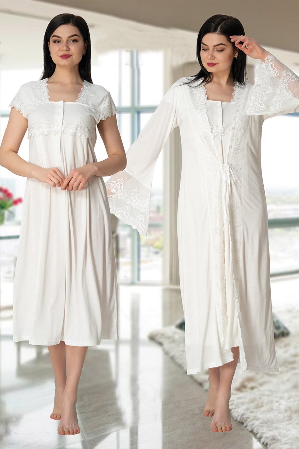 Effortt 5010 Uzun Prenses Sabahlıklı Dantelli Sabahlıklı Lohusa Gecelik Takımı