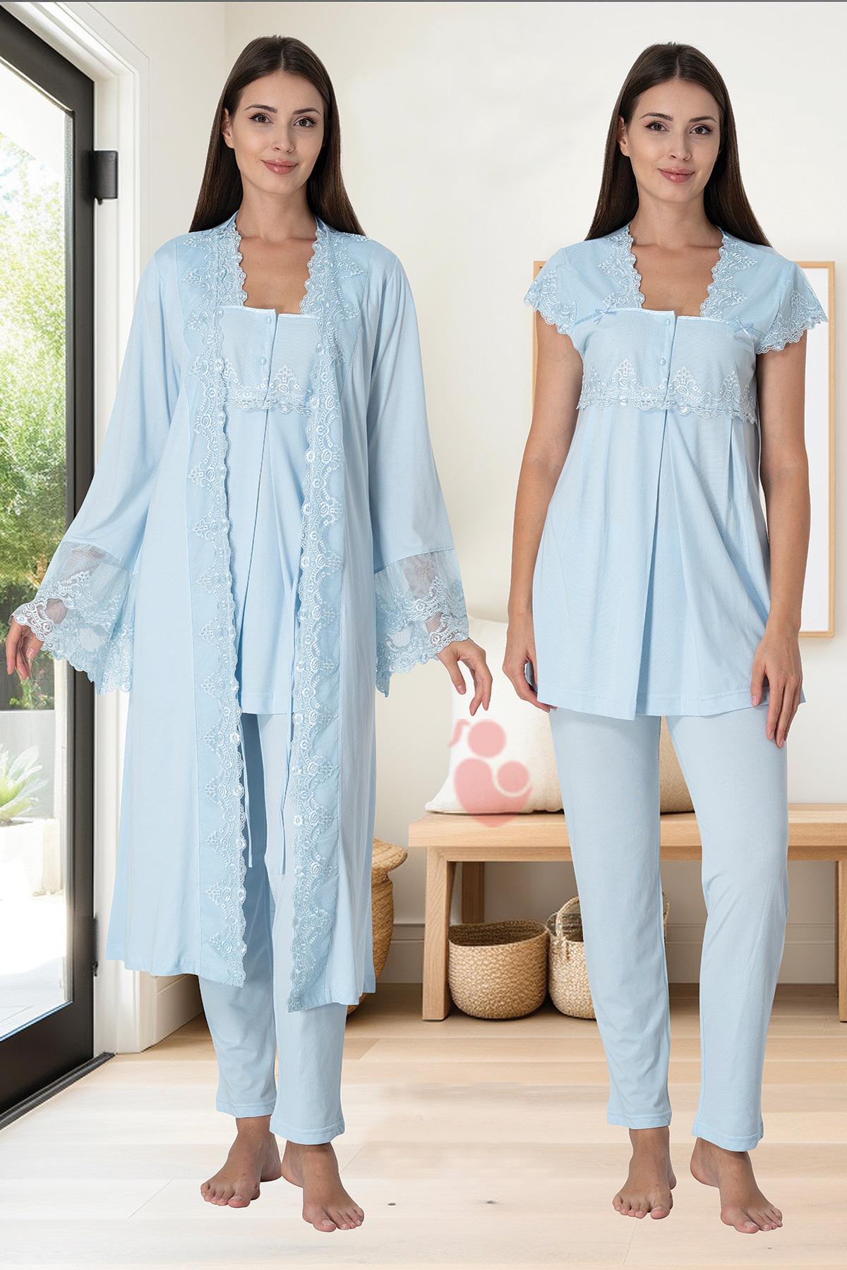 Effortt 5011 Mavi Uzun Prenses Sabahlıklı Lohusa Pijama Takımı