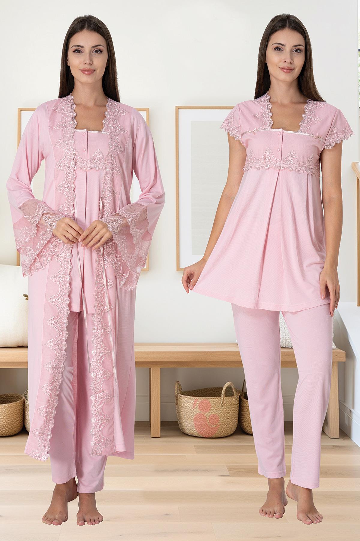 Effortt 5011 Pudra Uzun Prenses Sabahlıklı Lohusa Pijama Takımı