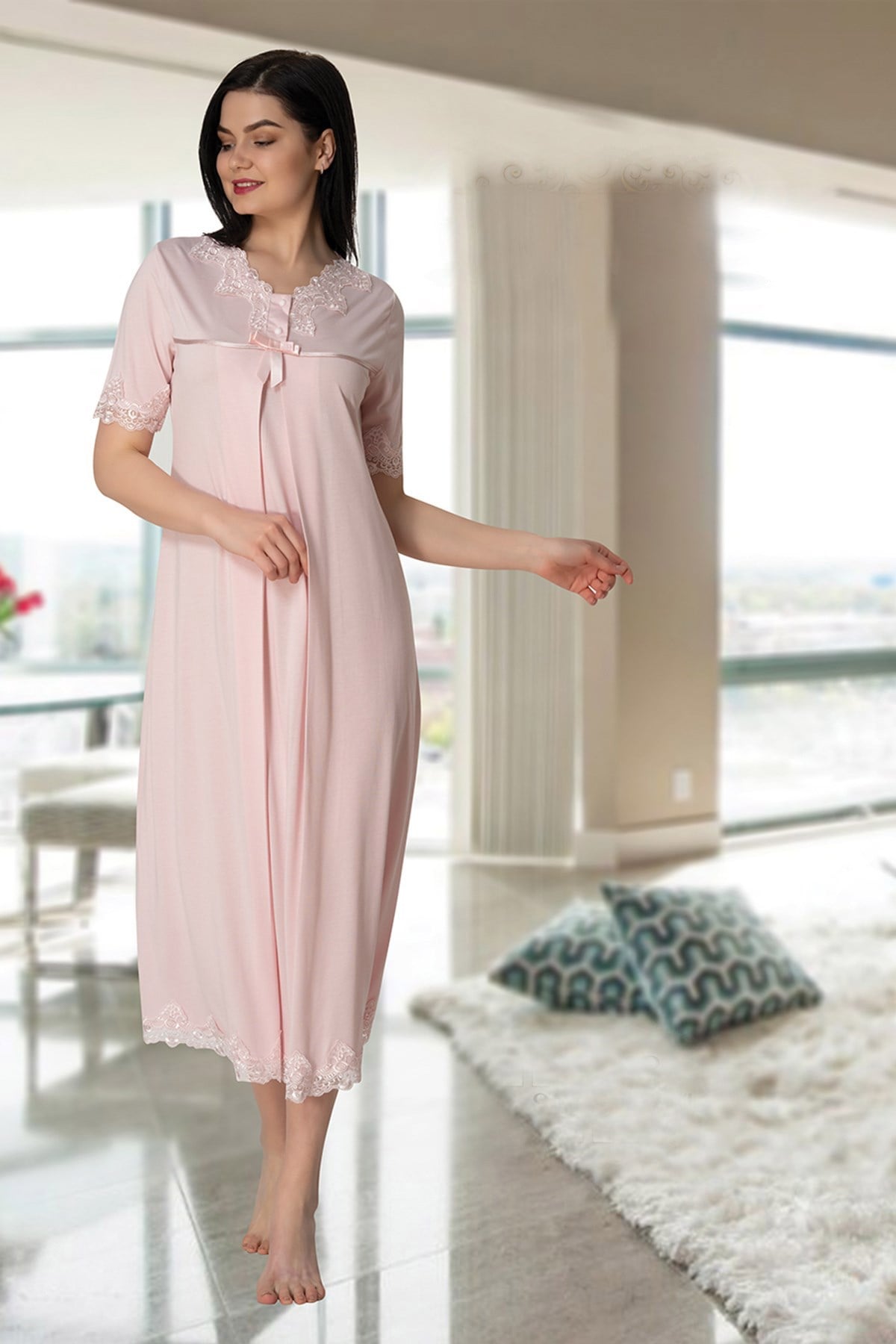 Effortt 5033 Pudra Pembe Dantelli Lohusa Gecelik Takımı
