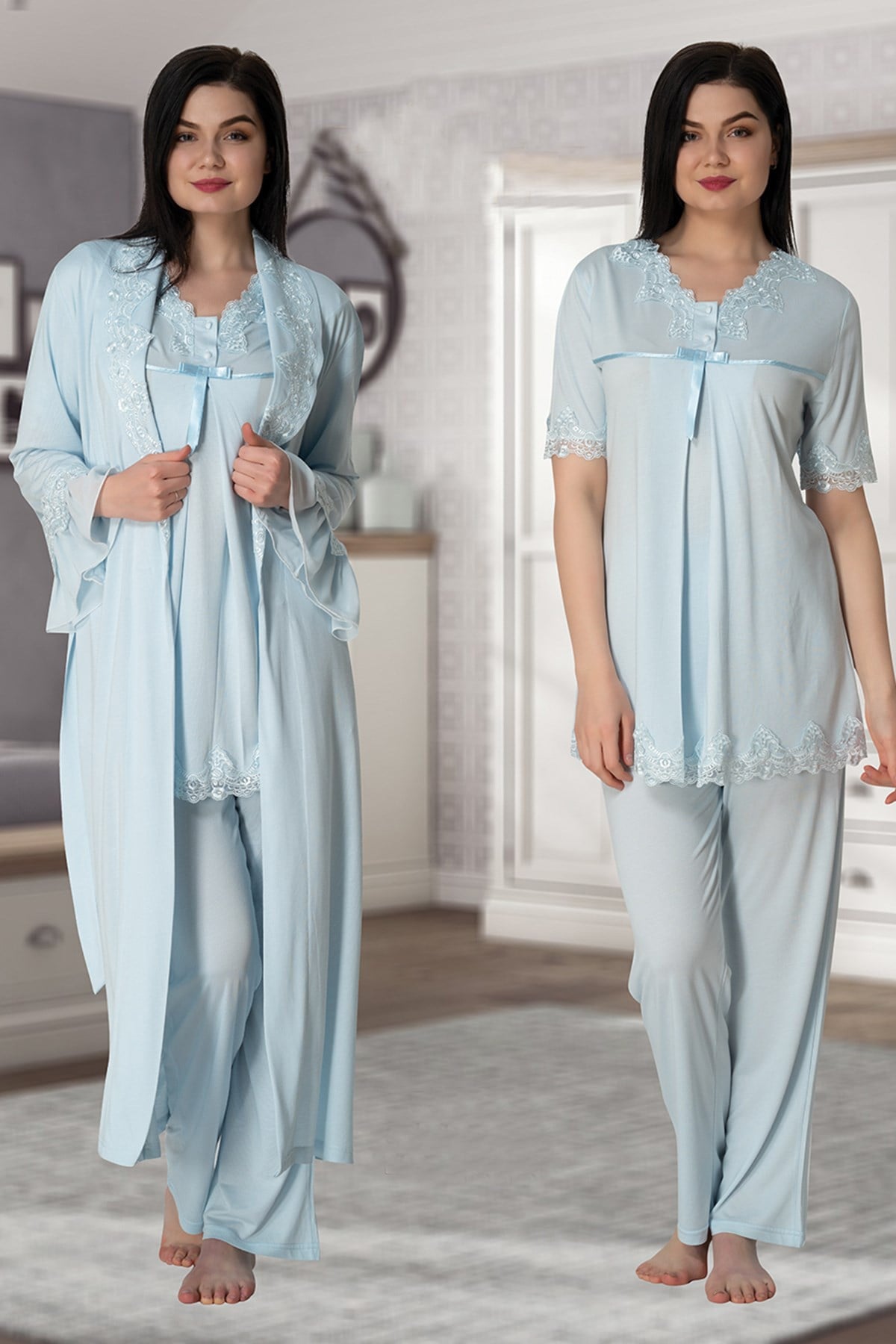Effortt 5034 Mavi Uzun Sabahlıklı Lohusa Pijama Takımı