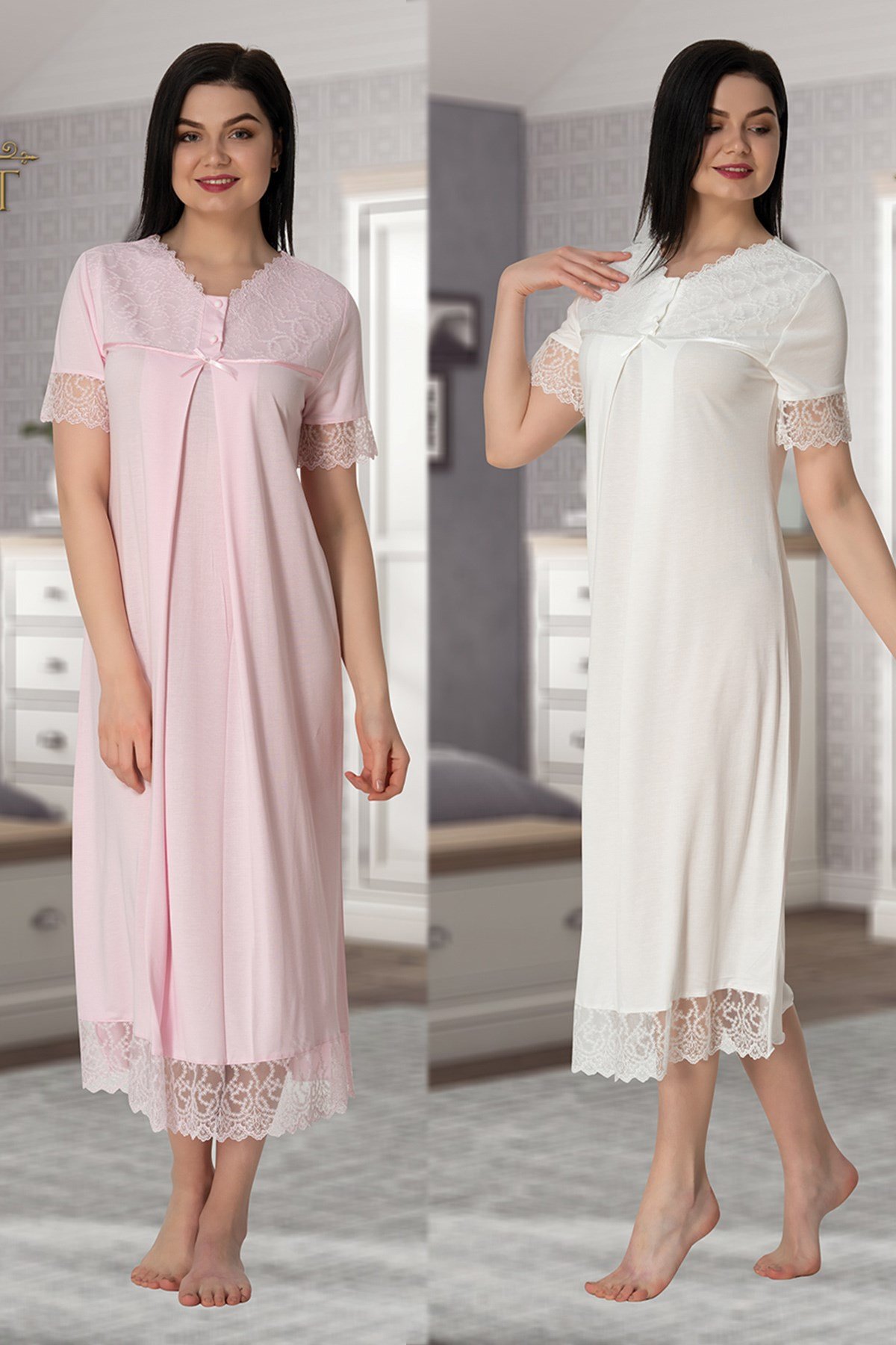 Effortt 5043 Dantel Yaka Lohusa Gecelik Takımı