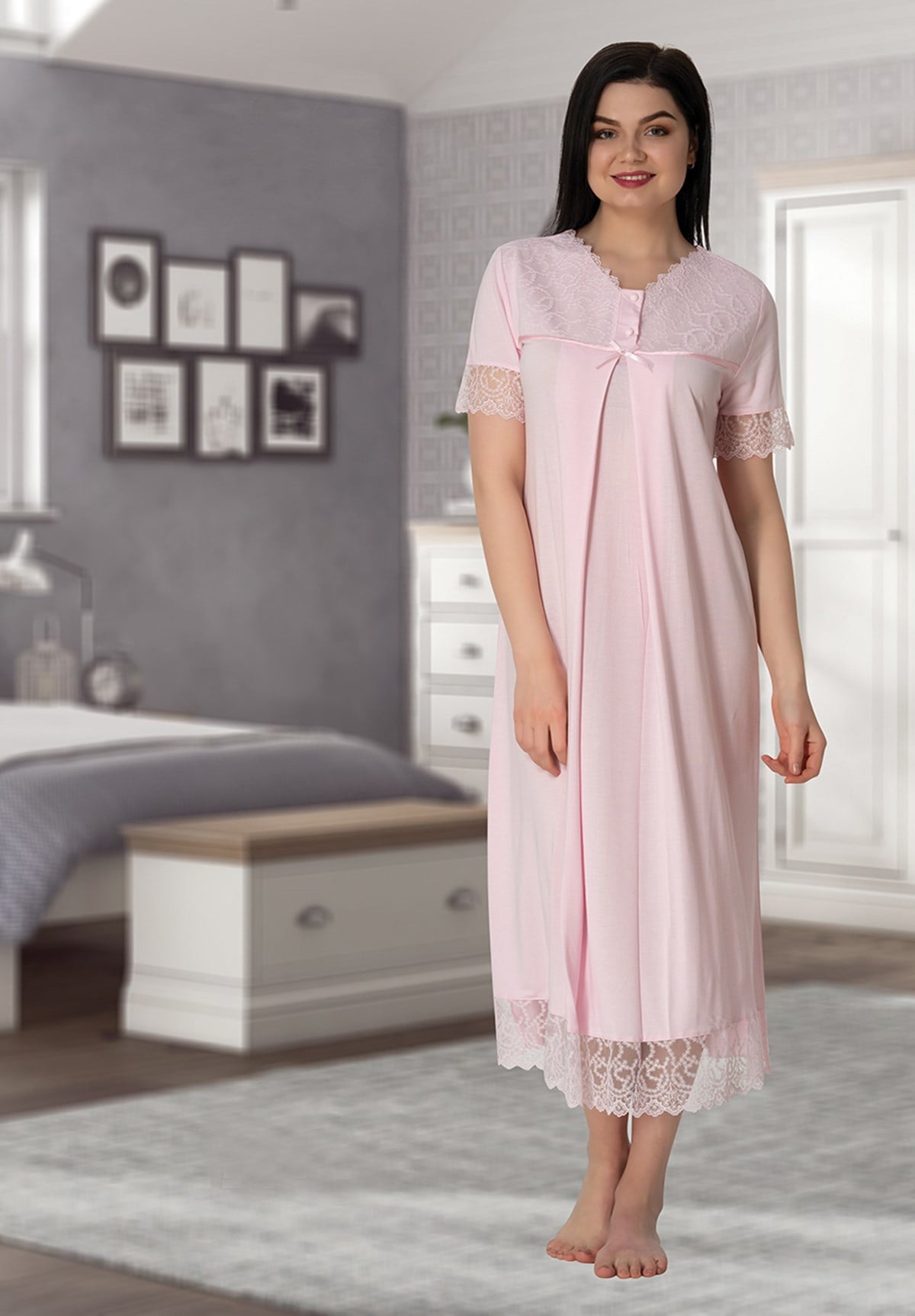 Effortt 5043 Pembe  Dantel Yaka Lohusa Gecelik Takımı