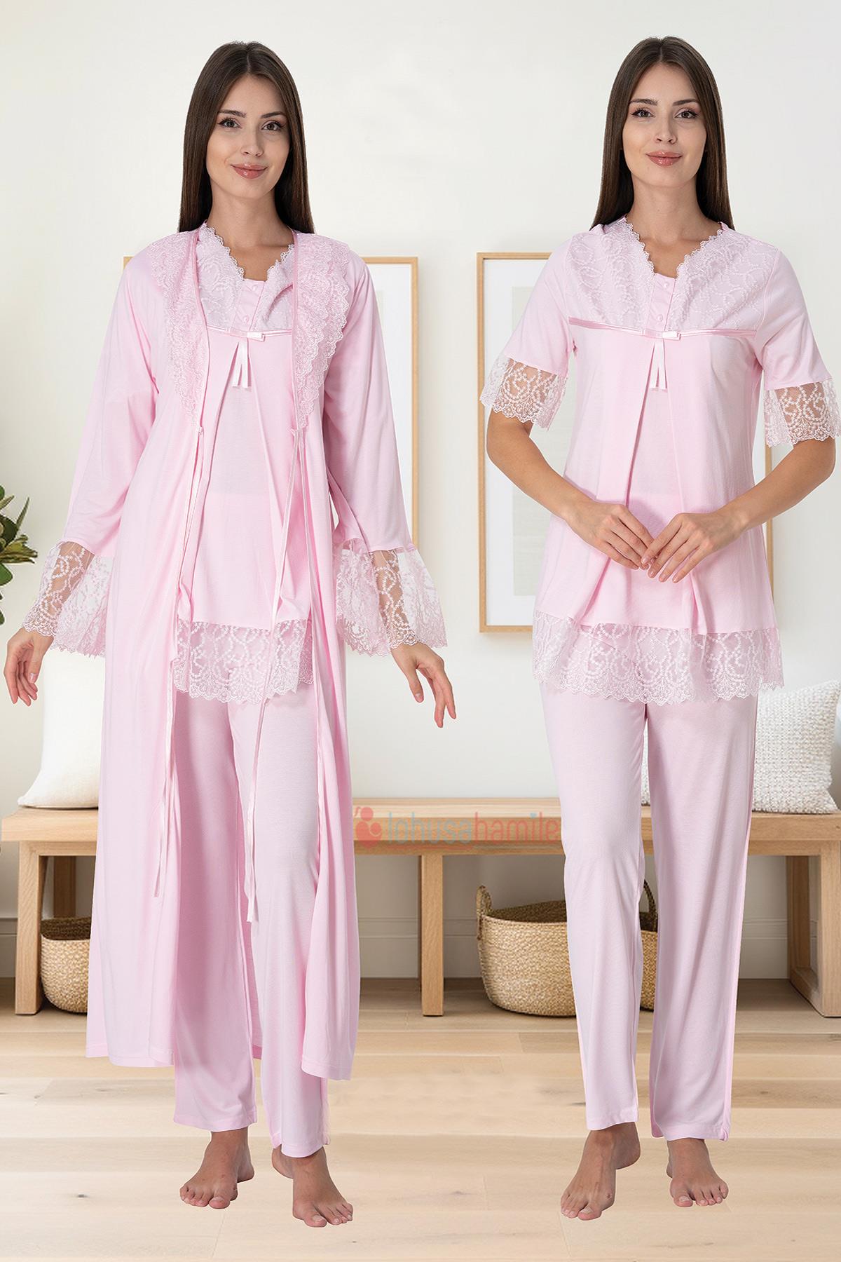 Effortt 5044 Kolları Güpürlü Sabahlıklı Lohusa Pijama Takımı