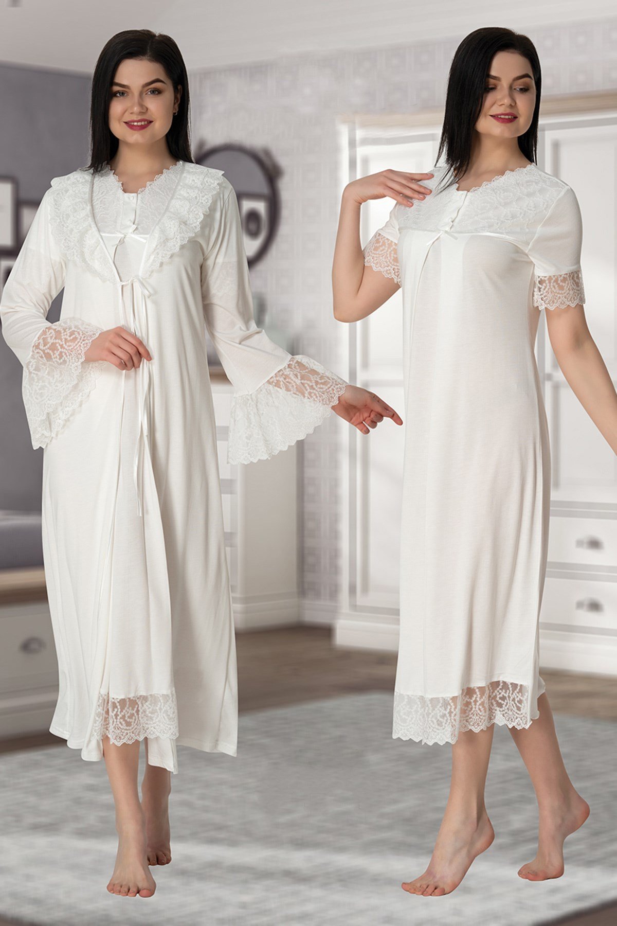 Effortt 5045 Ekru Güpür Sabahlıklı Lohusa Gecelik Takımı
