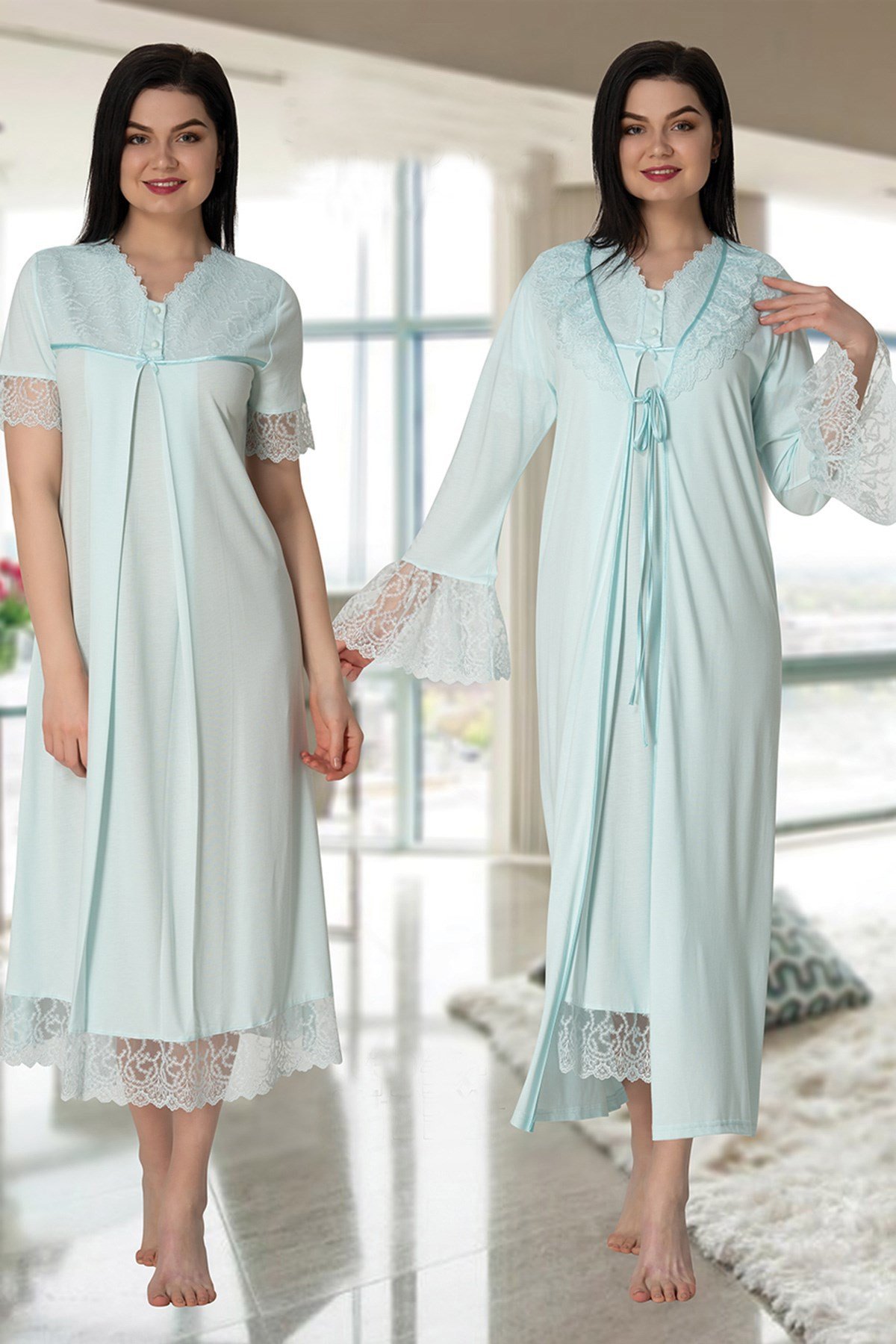 Effortt 5045 Turkuaz Güpür Sabahlıklı Lohusa Gecelik Takımı
