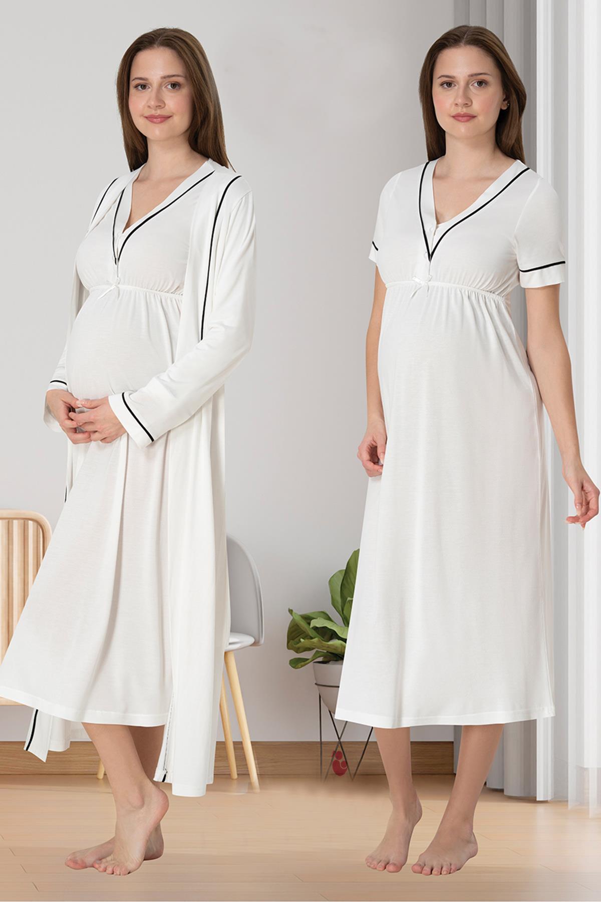 Effortt 5095 Ekru Biye Detaylı Sabahlıklı Lohusa Gecelik Takımı