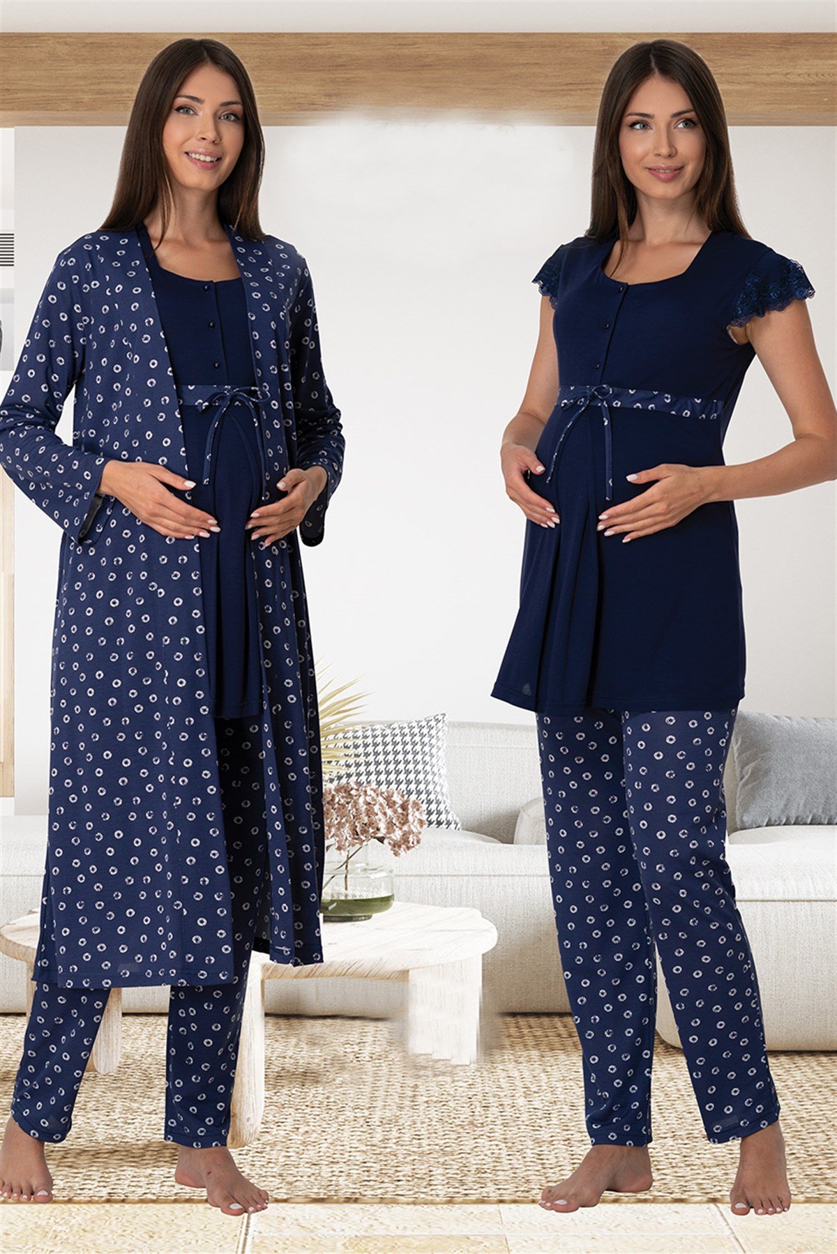 Effortt 6014 Lacivert Sabahlıklı Lohusa Pijama Takımı