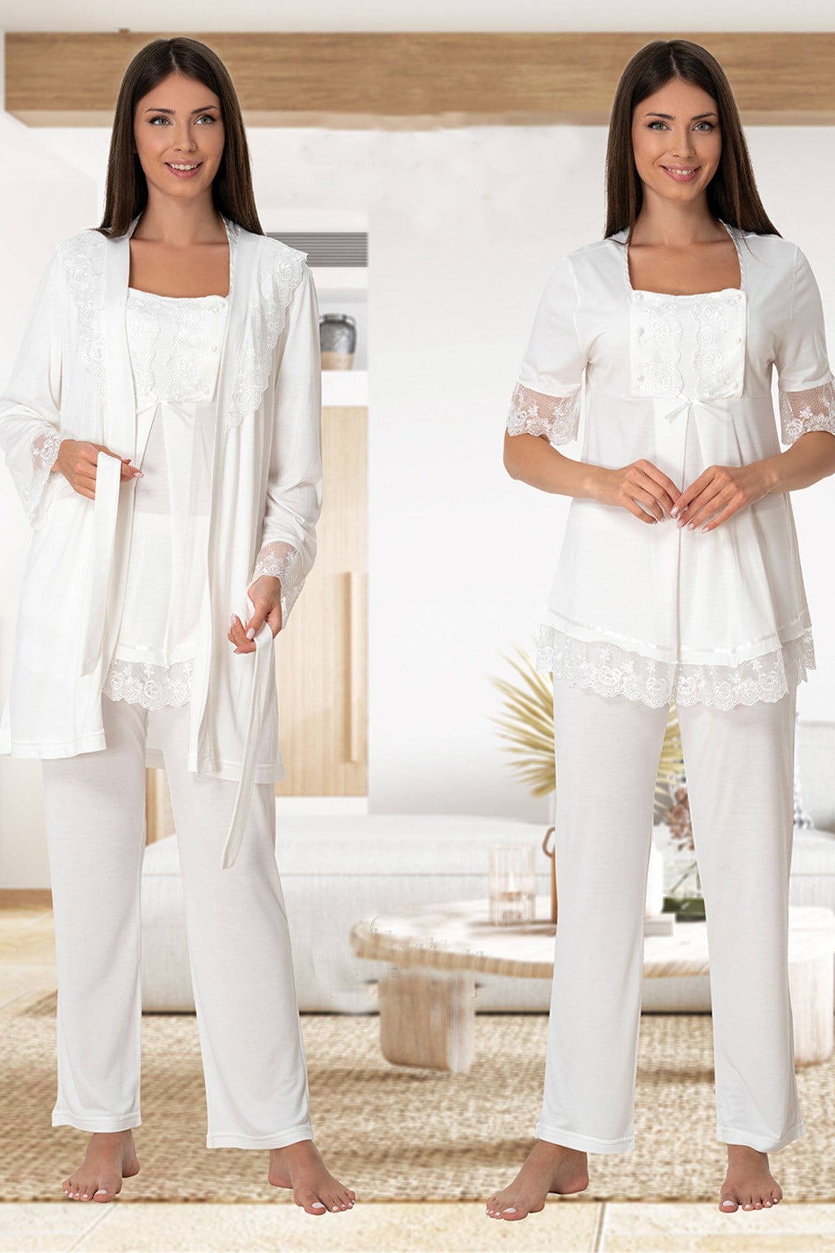 Effortt 6034 Ekru Emzirme Özellikli Sabahlıklı Lohusa Pijama Takımı