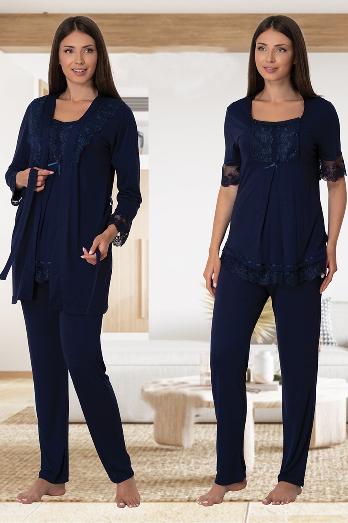 Effortt 6034 Lacivert Emzirme Özellikli Sabahlıklı Lohusa Pijama Takımı