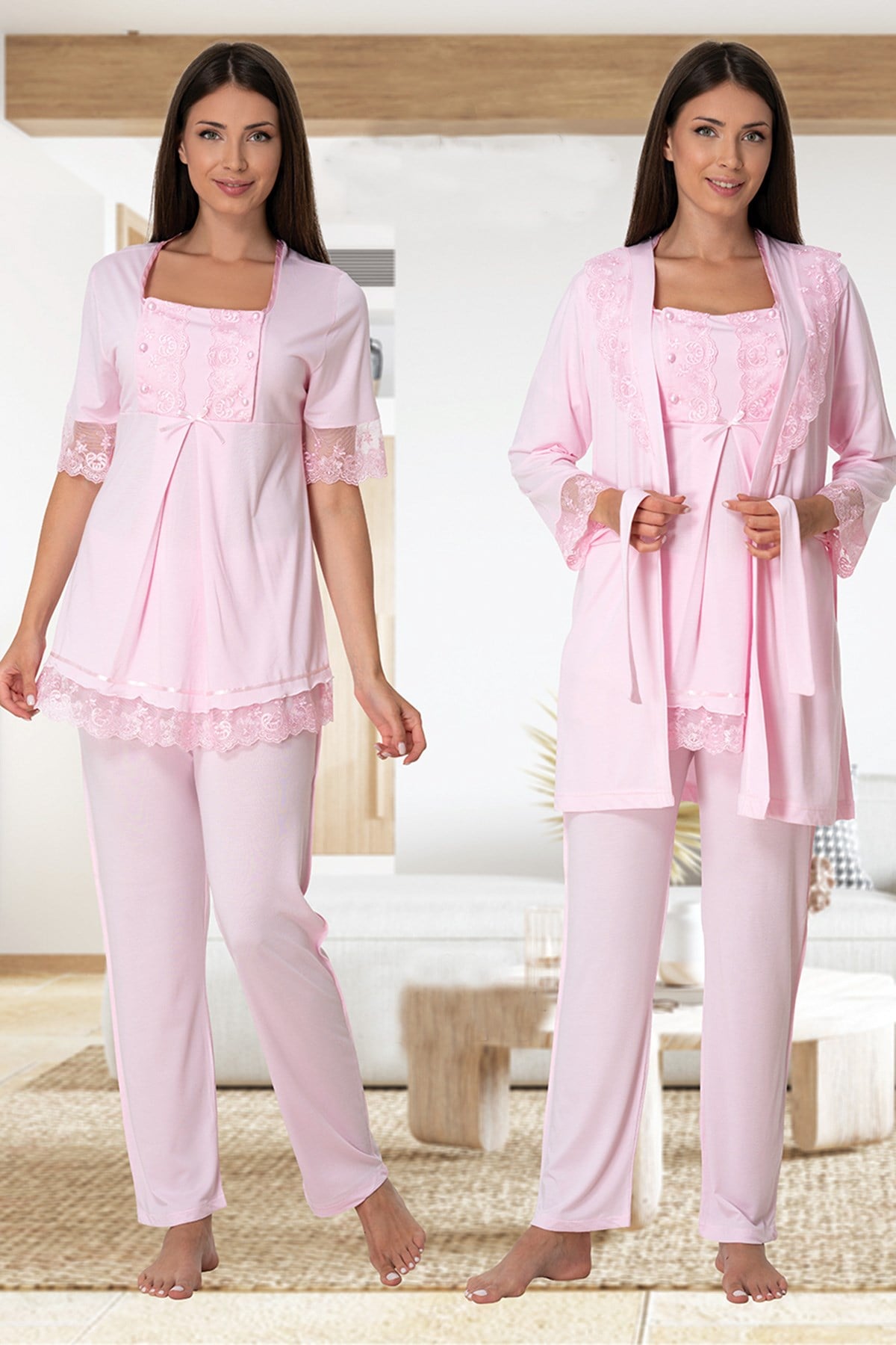 Effortt 6034 Pembe Emzirme Özellikli Sabahlıklı Lohusa Pijama Takımı
