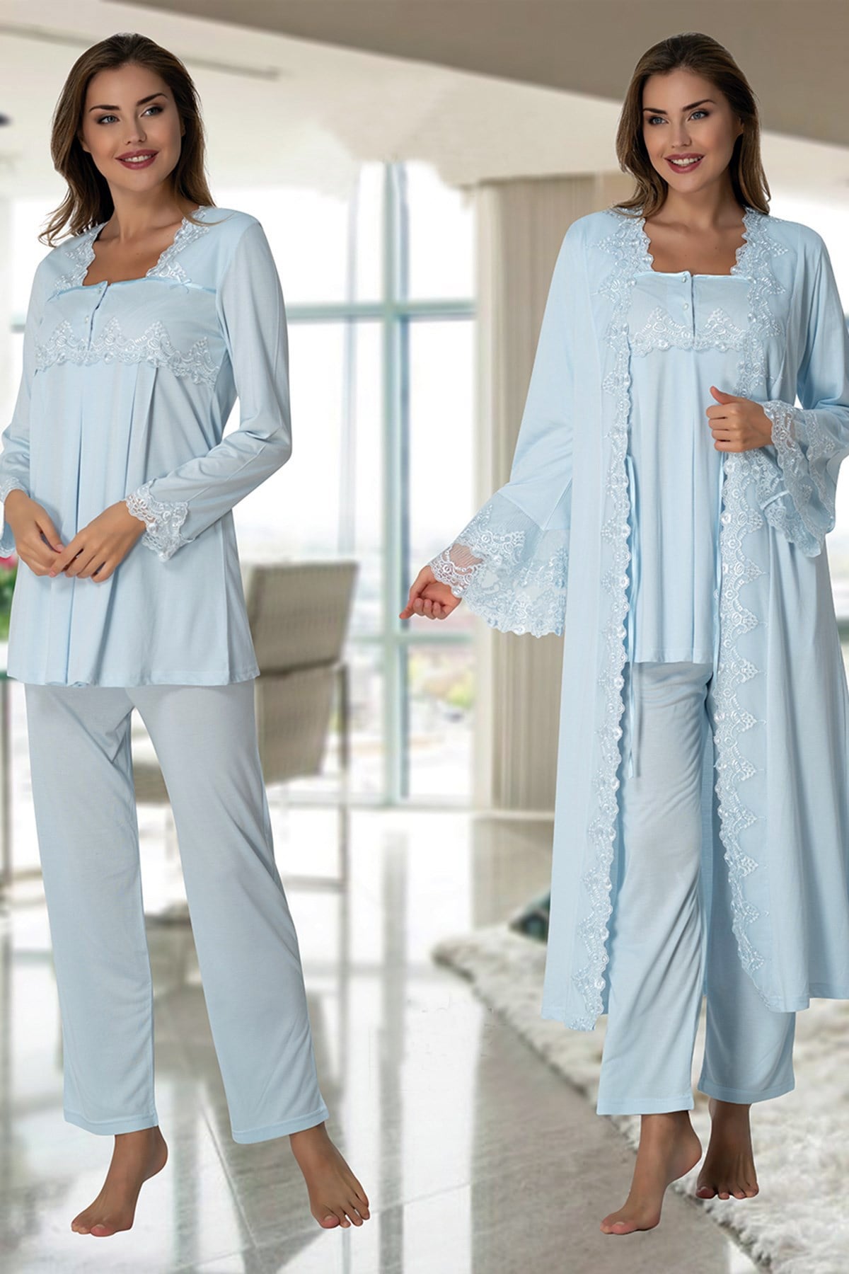 Effortt 7014 Mavi Prenses Sabahlıklı Lohusa Pijama Takımı