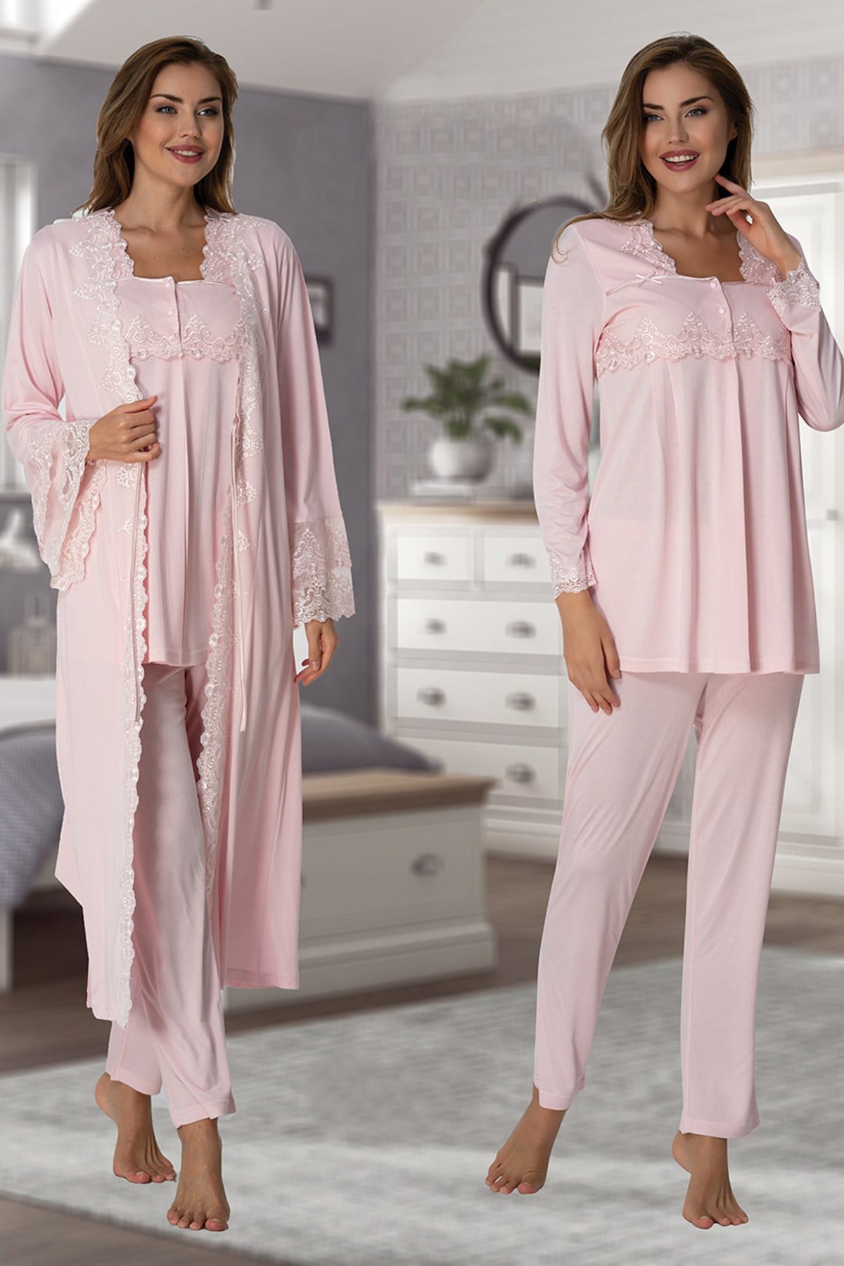 Effortt 7014 Pudra Pembe Prenses Sabahlıklı Lohusa Pijama Takımı