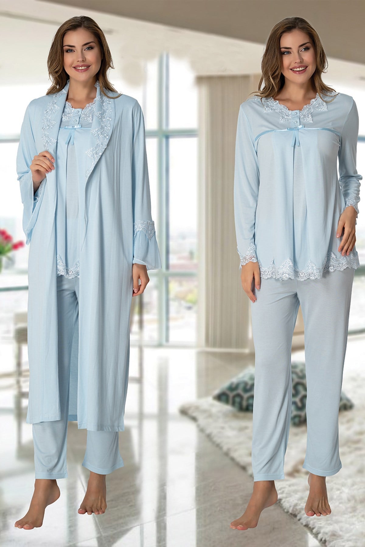 Effortt 7034 Mavi Uzun Sabahlıklı Dantelli Lohusa Pijama Takımı