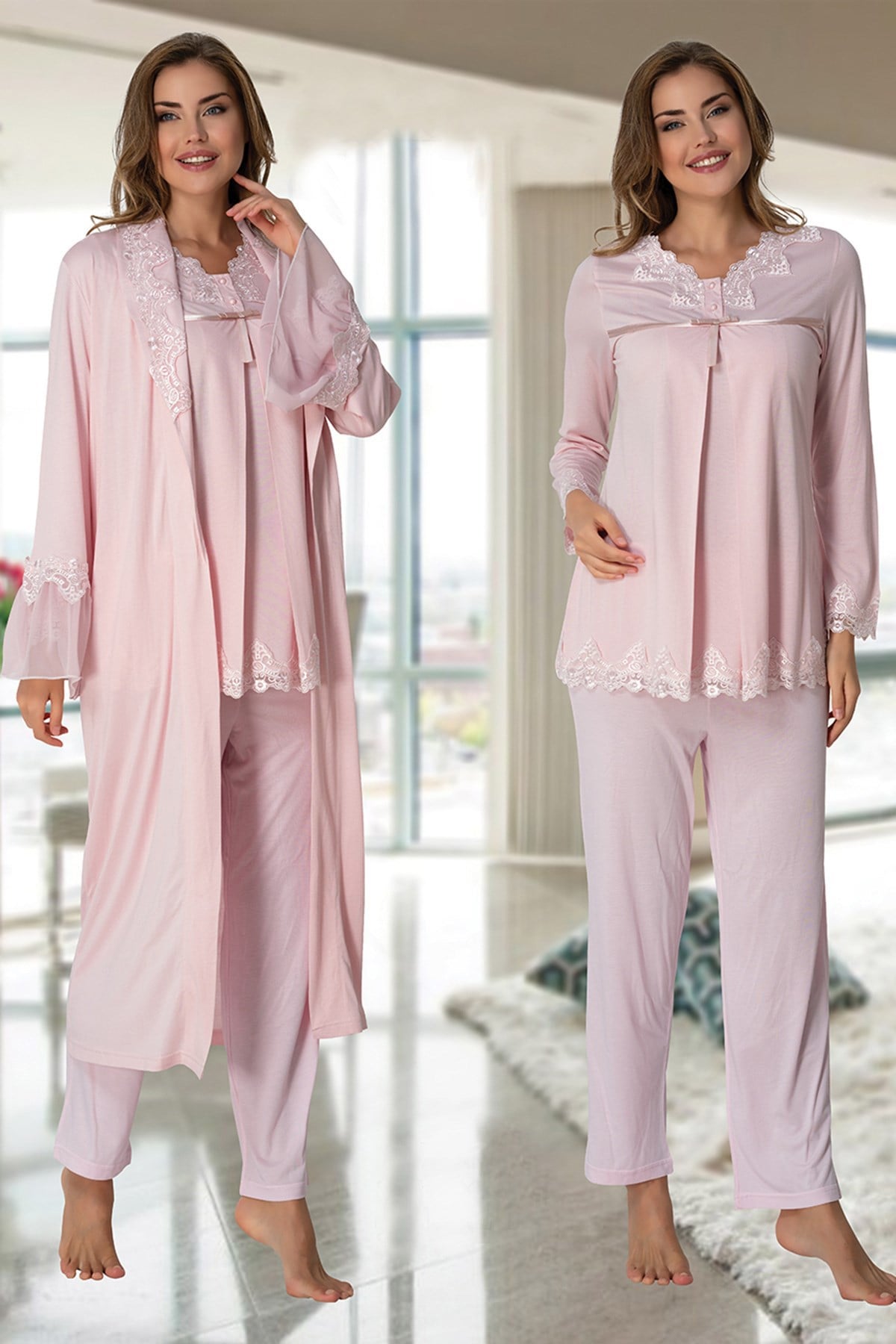 Effortt 7034 Pudra Pembe Uzun Sabahlıklı Dantelli Lohusa Pijama Takımı