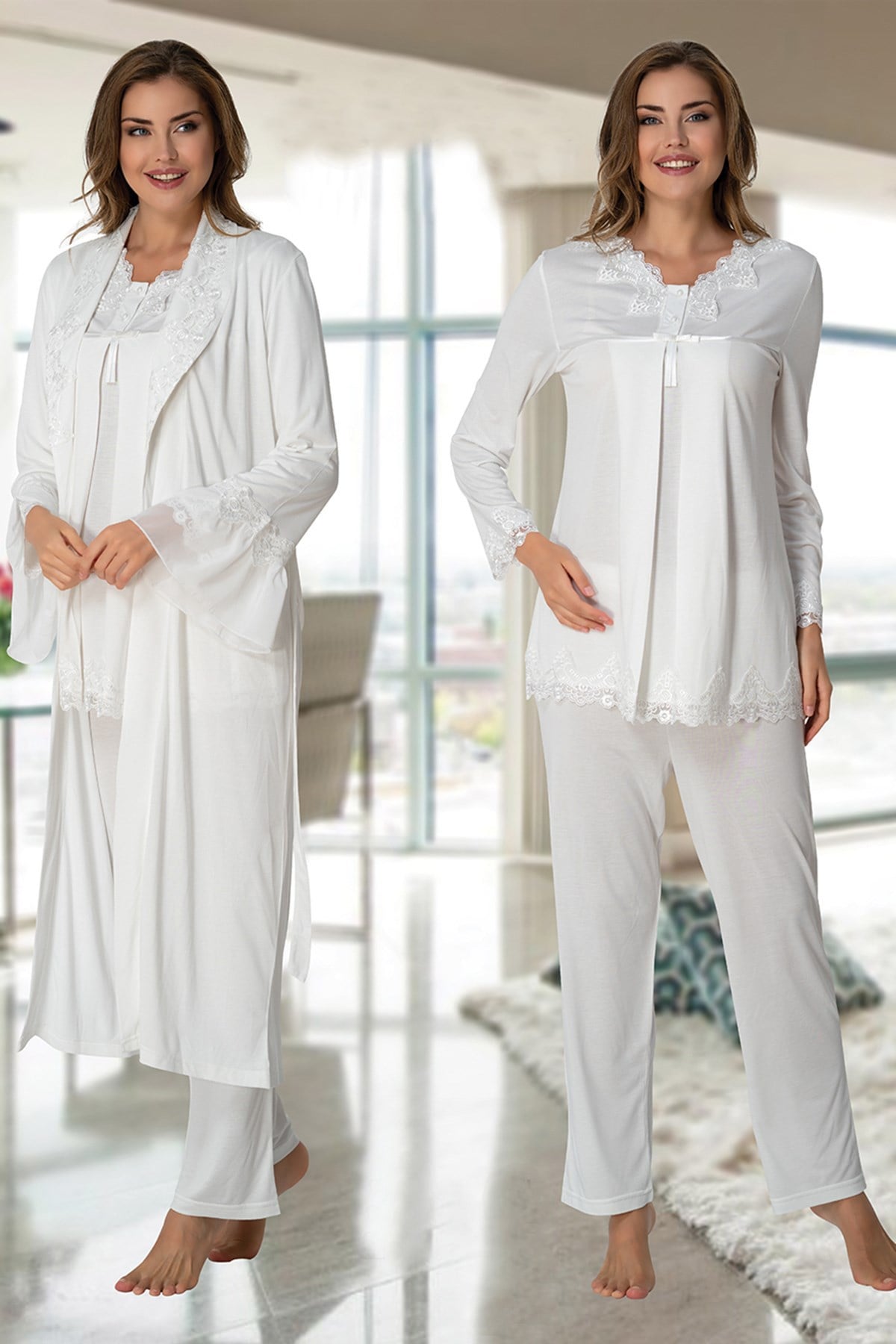 Effortt 7034 Uzun Sabahlıklı Dantelli Lohusa Pijama Takımı