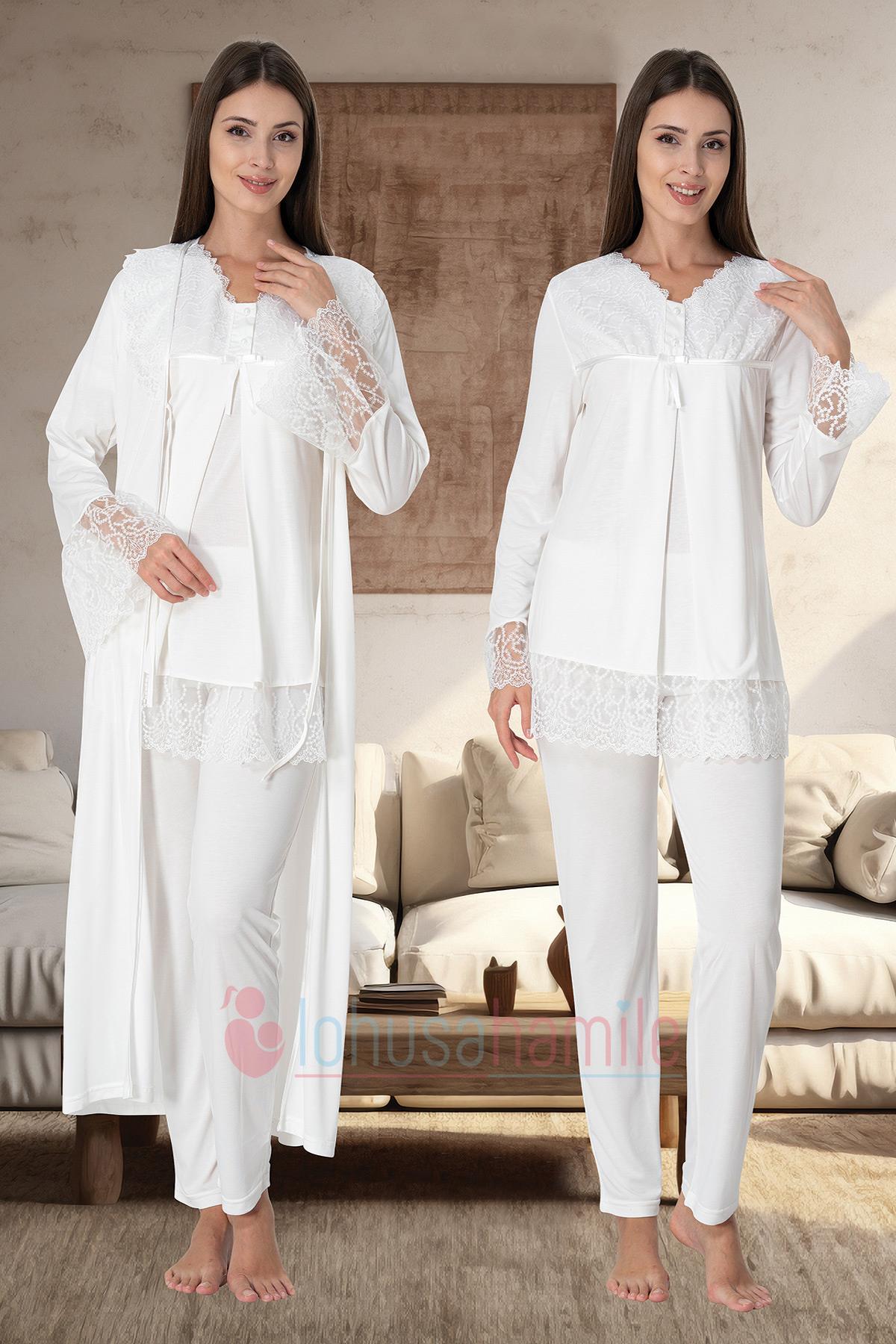 Effortt 7044 Kolları Güpürlü Sabahlıklı Dantelli Lohusa Pijama Takımı