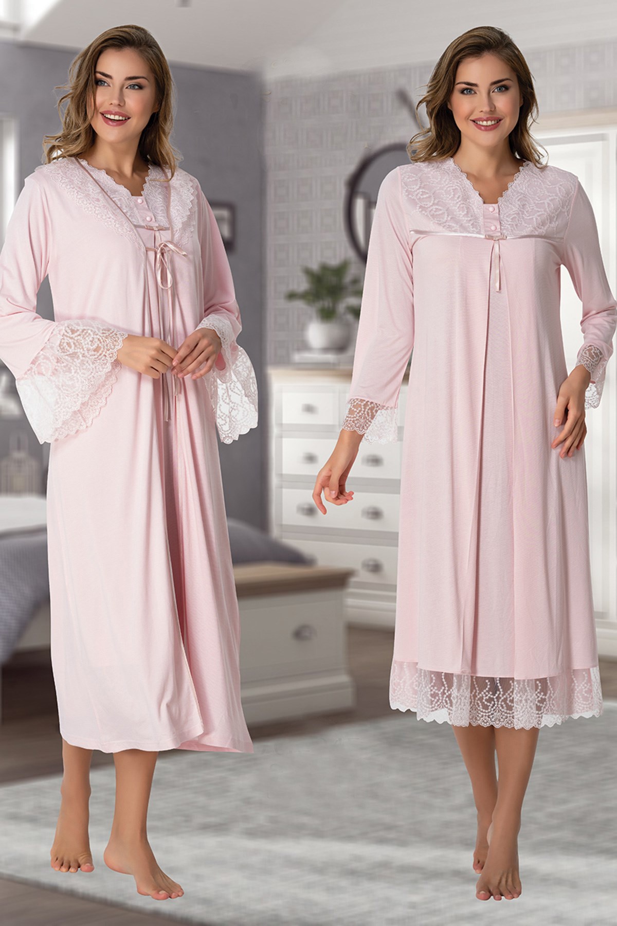 Effortt 7045 Pudra Pembe Güpür Sabahlıklı Lohusa Gecelik Takımı