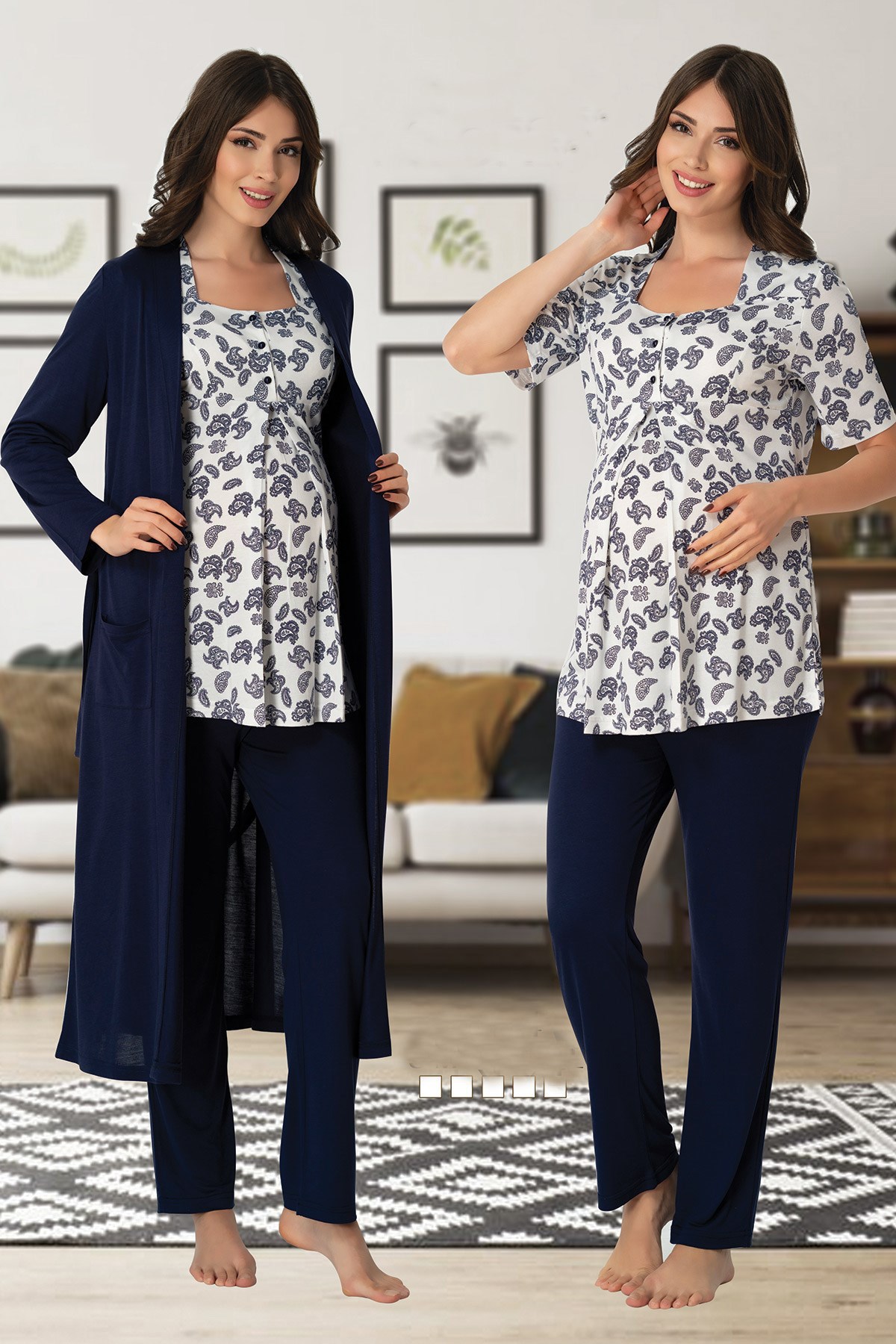 Effortt 8014 Lacivert Sabahlıklı Lohusa Pijama Takımı