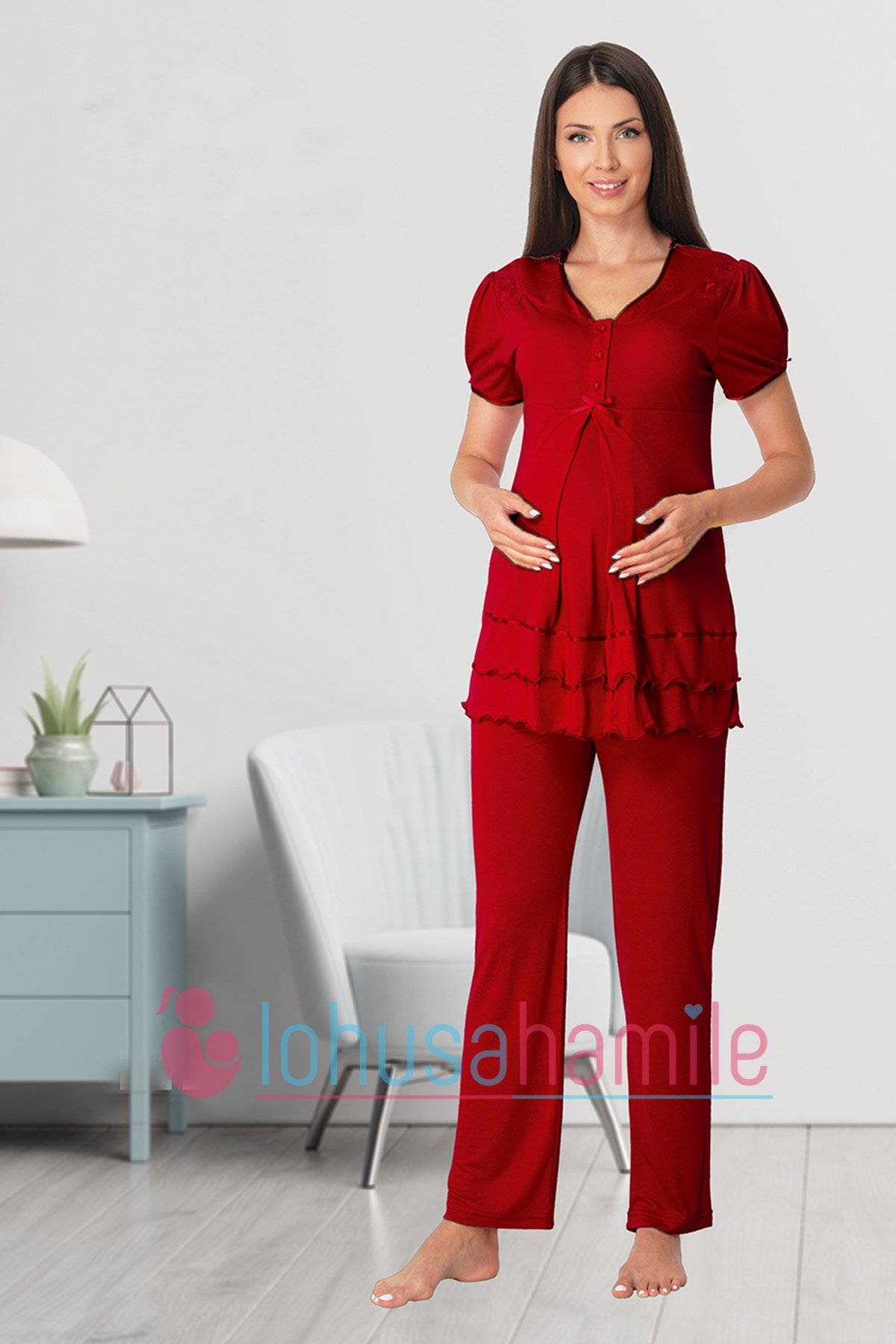 Effortt 8022 Vişne Omuzları Dantelli Lohusa Pijama
