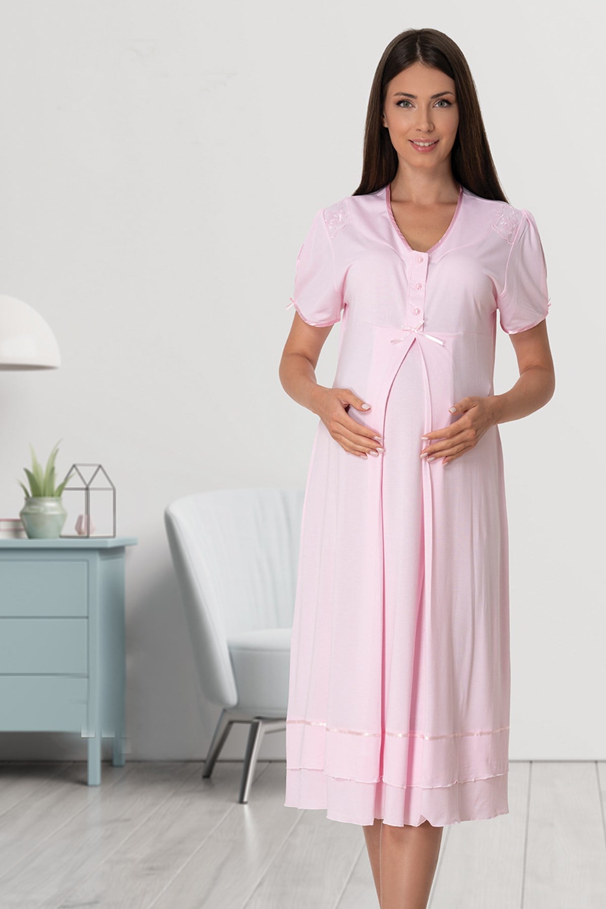 Effortt 8023 Pembe Gizli Emzirme Özellikli Lohusa Gecelik