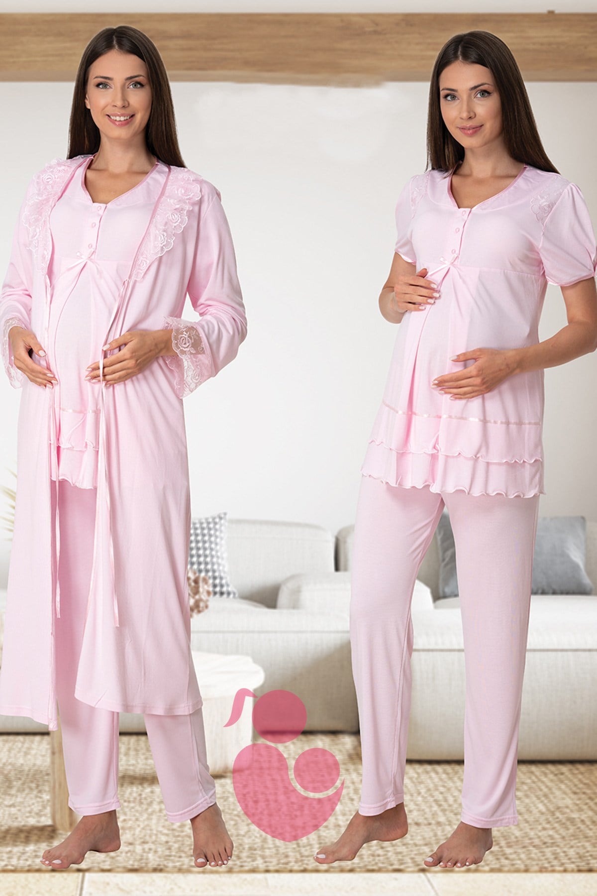Effortt 8024 Pembe Dantel Sabahlıklı Lohusa Pijama