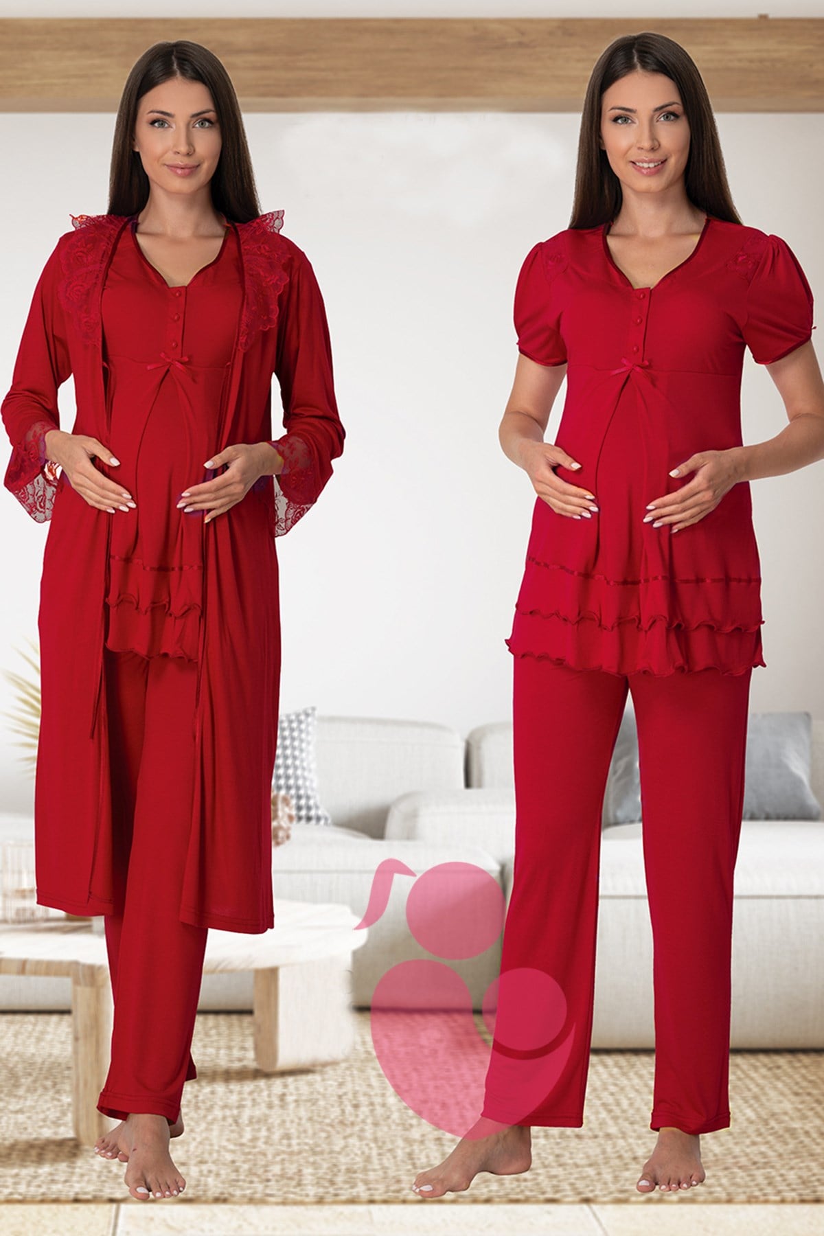 Effortt 8024 Vişne Dantel Sabahlıklı Lohusa Pijama