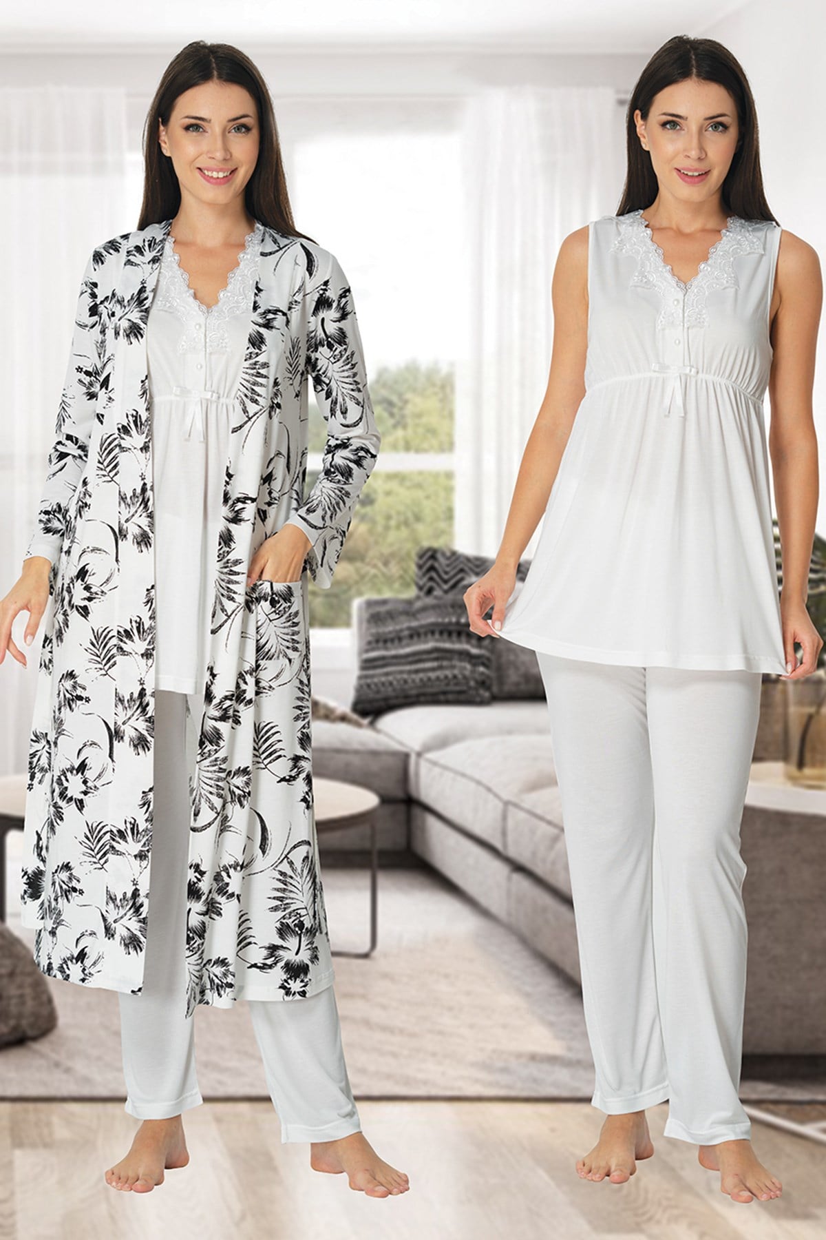 Effortt 8034 Ekru Desen Sabahlıklı Lohusa Pijama