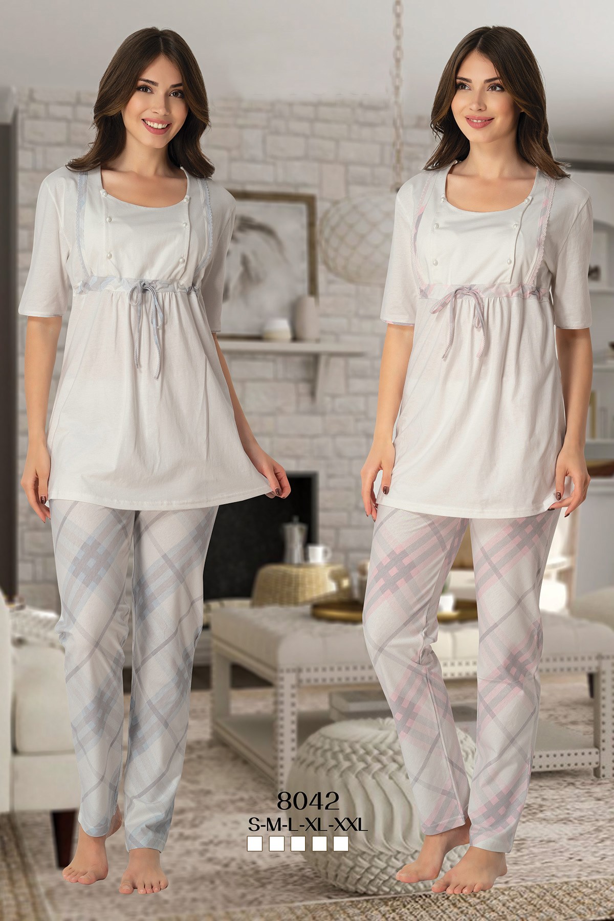 Effortt 8042 Check Emzirme Özellikli Lohusa Pijama