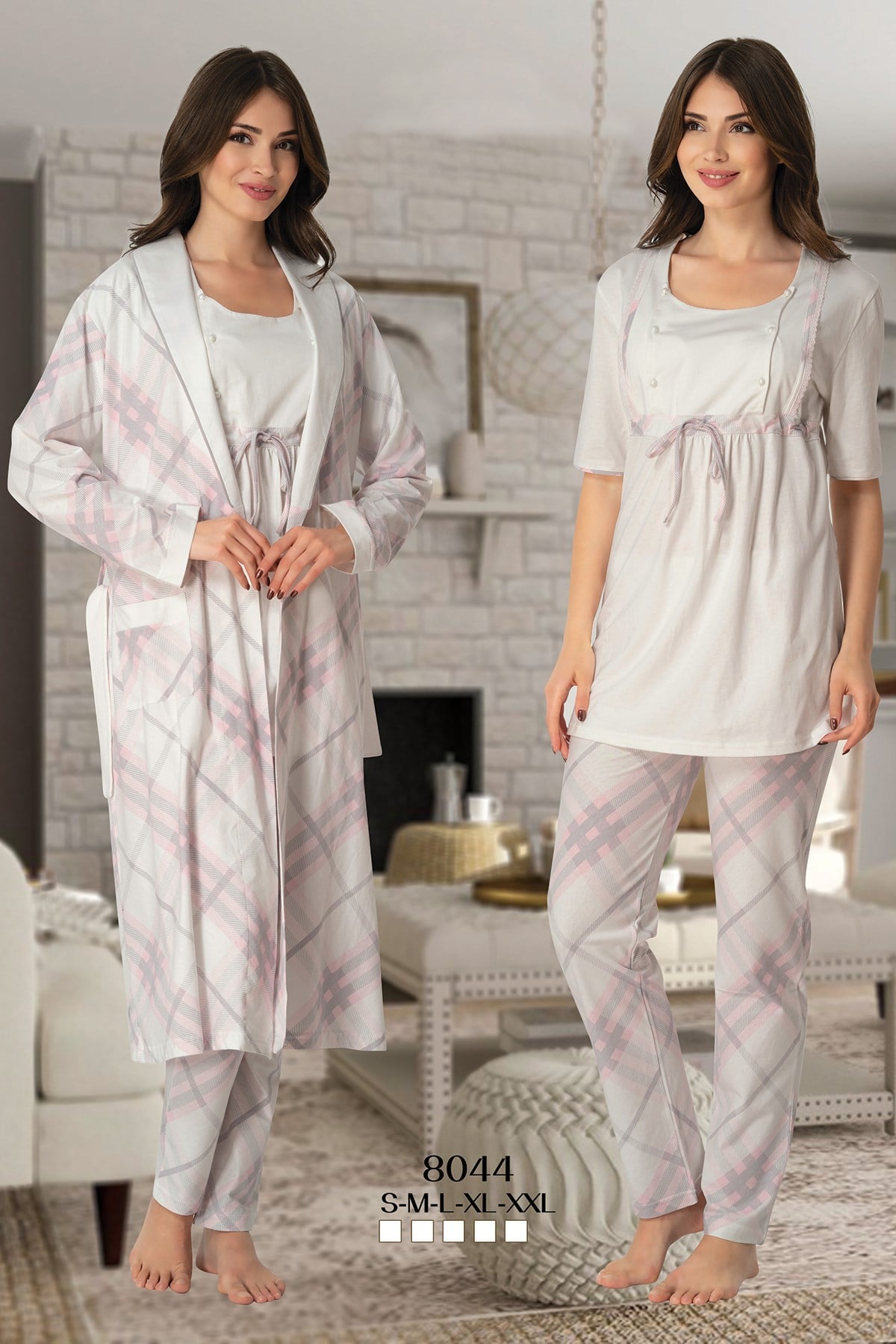 Effortt 8044 Check Pembe Sabahlıklı Lohusa Pijama 