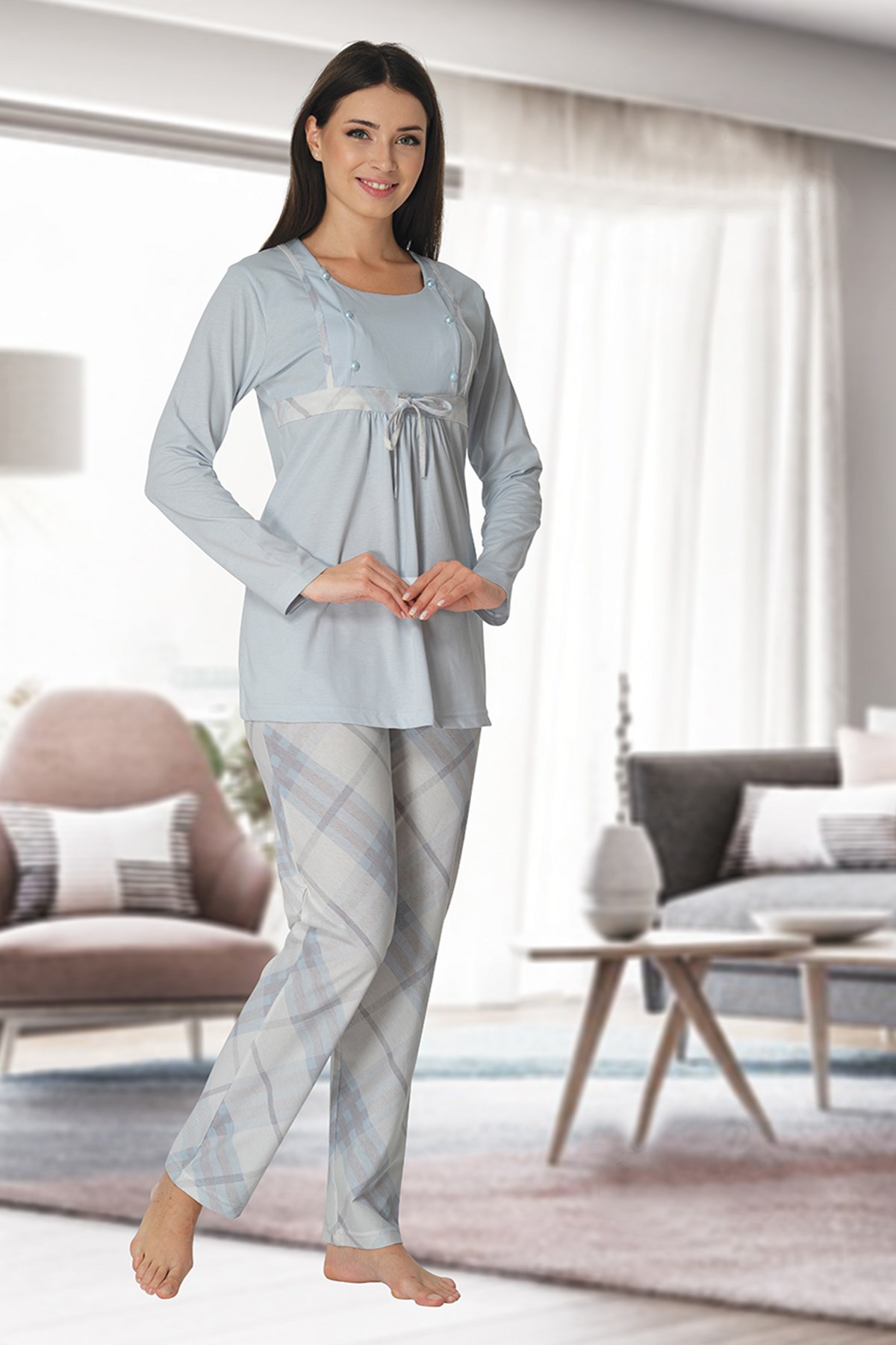 Effortt 8082 Mavi Emzirme Özellikli Lohusa Pijama