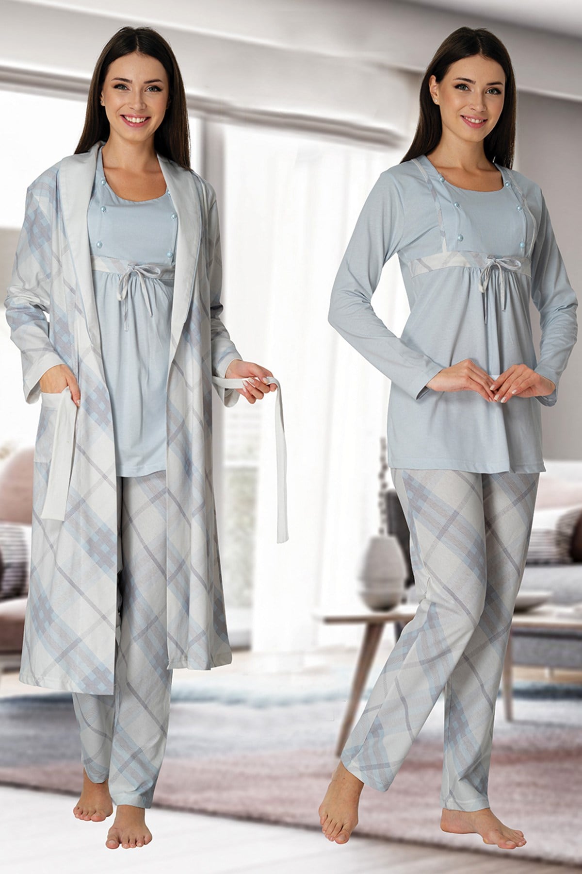 Effortt 8084 Mavi Check Sabahlıklı Lohusa Pijama