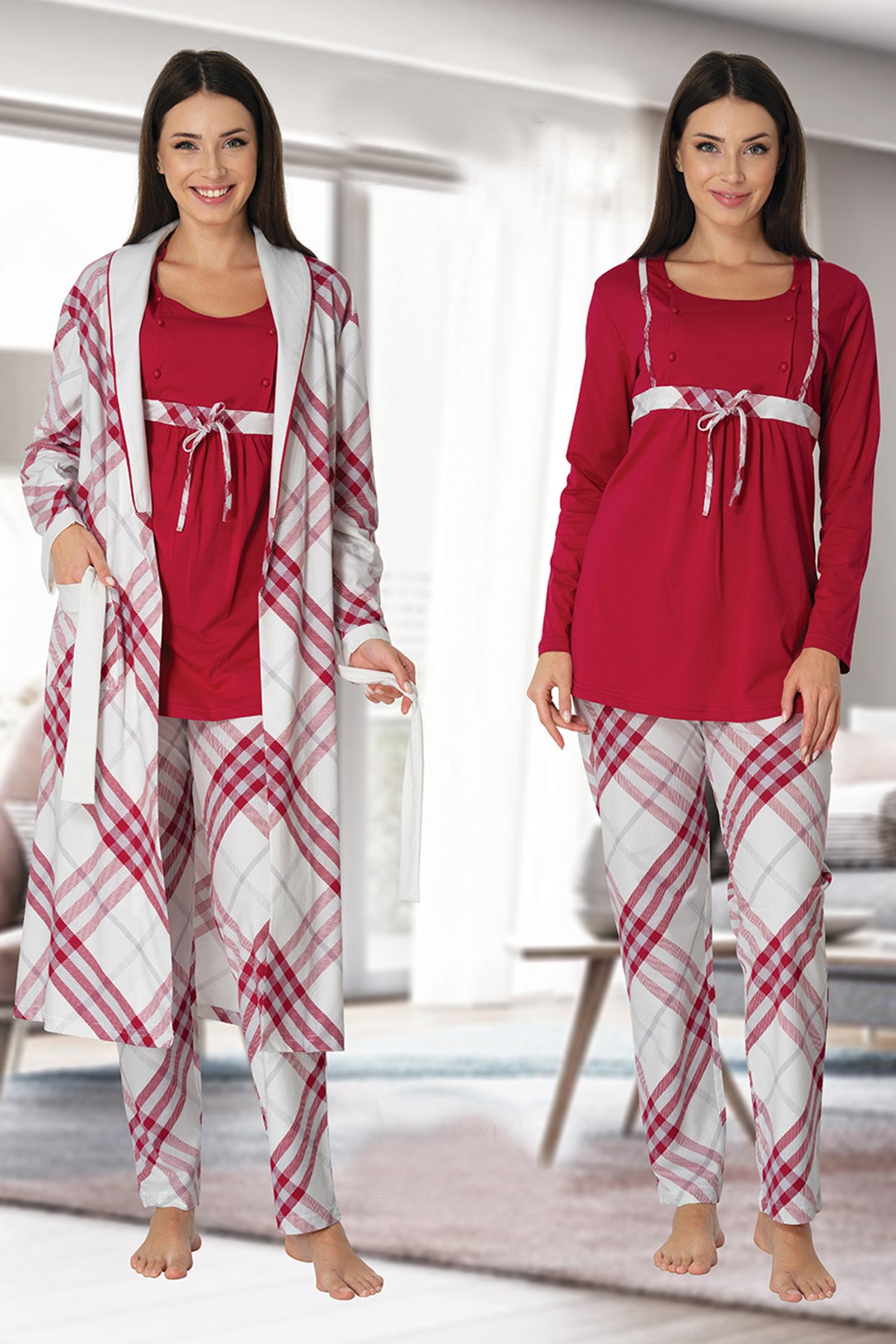 Effortt 8084 Vişne Check Sabahlıklı Lohusa Pijama