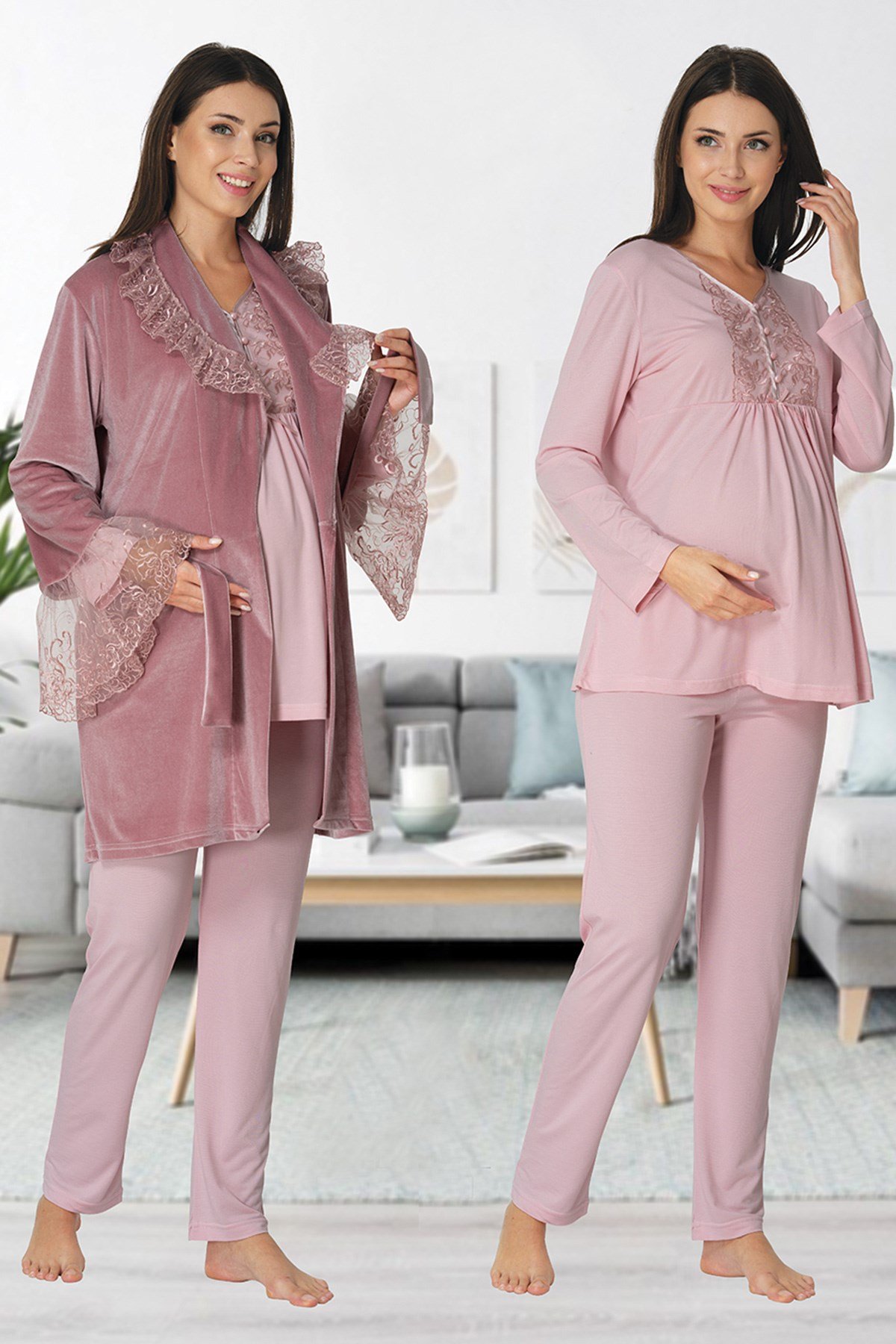 Effortt 8088 Pudra Pembe Kadife Sabahlıklı Dantelli Lohusa Pijama Takımı