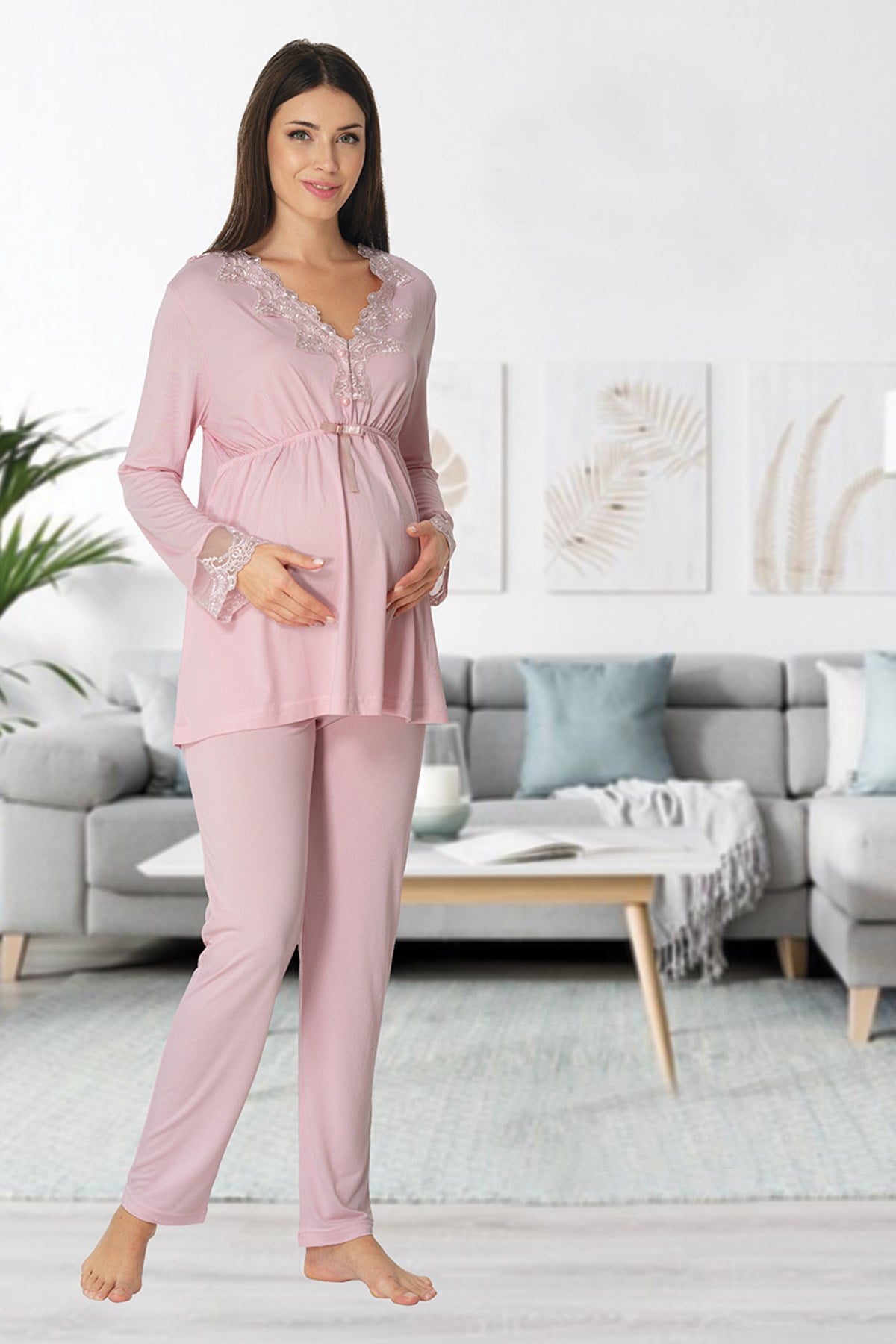 Effortt 8092 Pudra Yakası Dantelli Lohusa Pijama