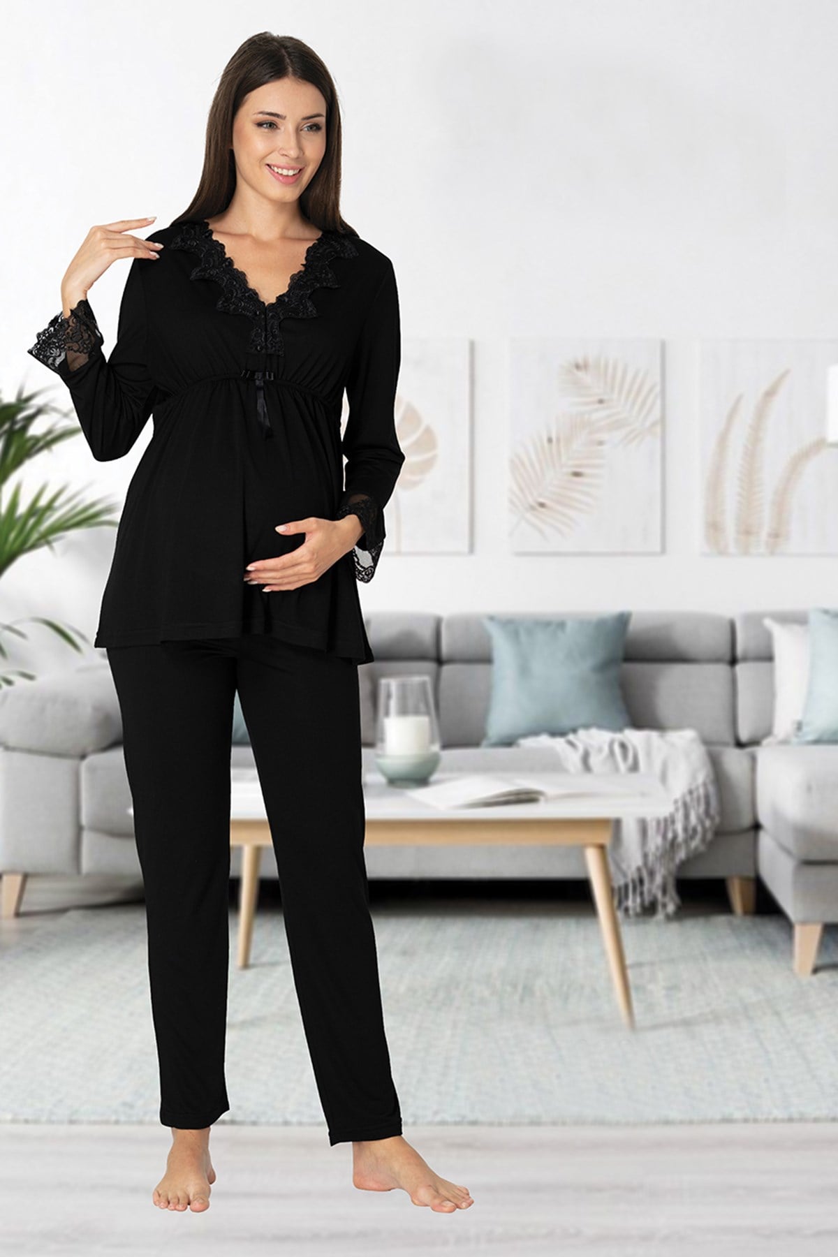 Effortt 8092 Siyah Yakası Dantelli Lohusa Pijama