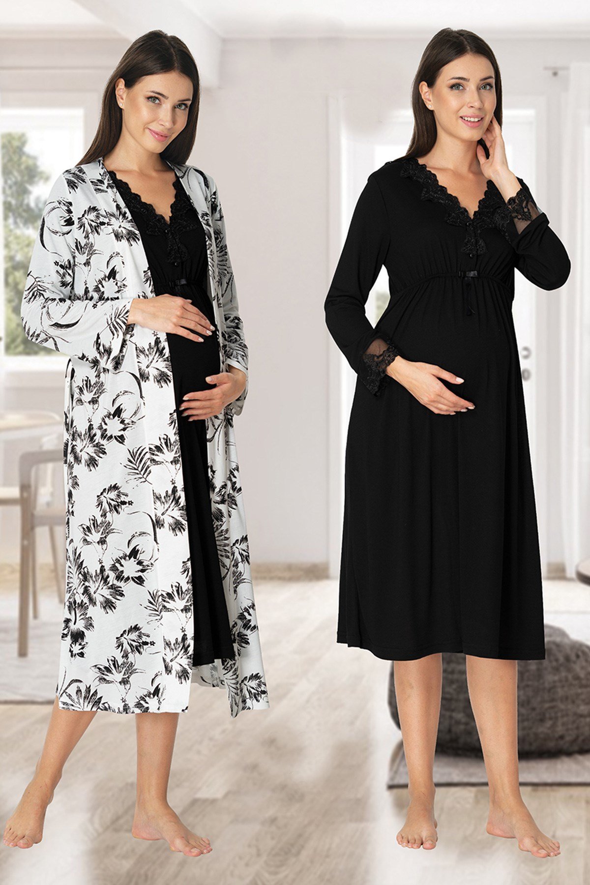 Effortt 8095 Siyah Desen Sabahlıklı Lohusa Gecelik