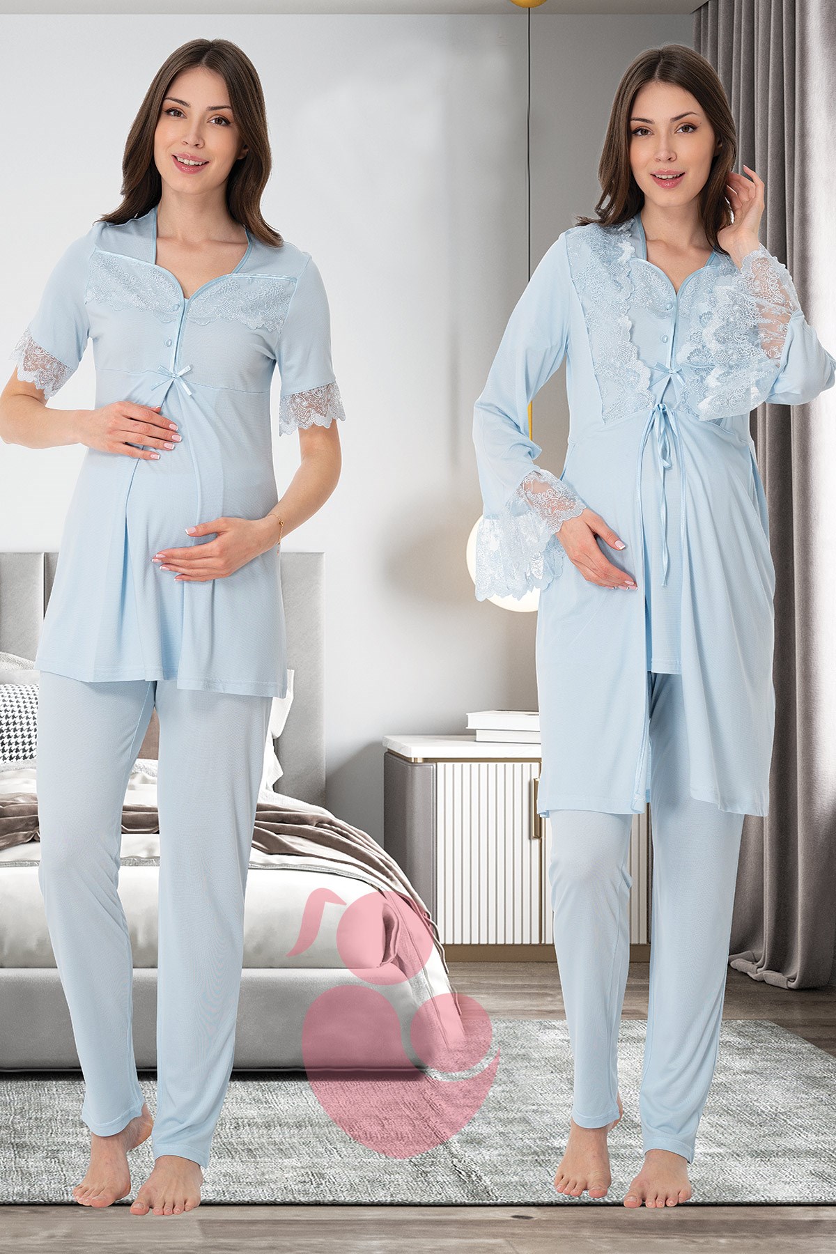 Effortt 9014 Mavi Kolları Dantel Detaylı Sabahlıklı Lohusa Pijama Takımı