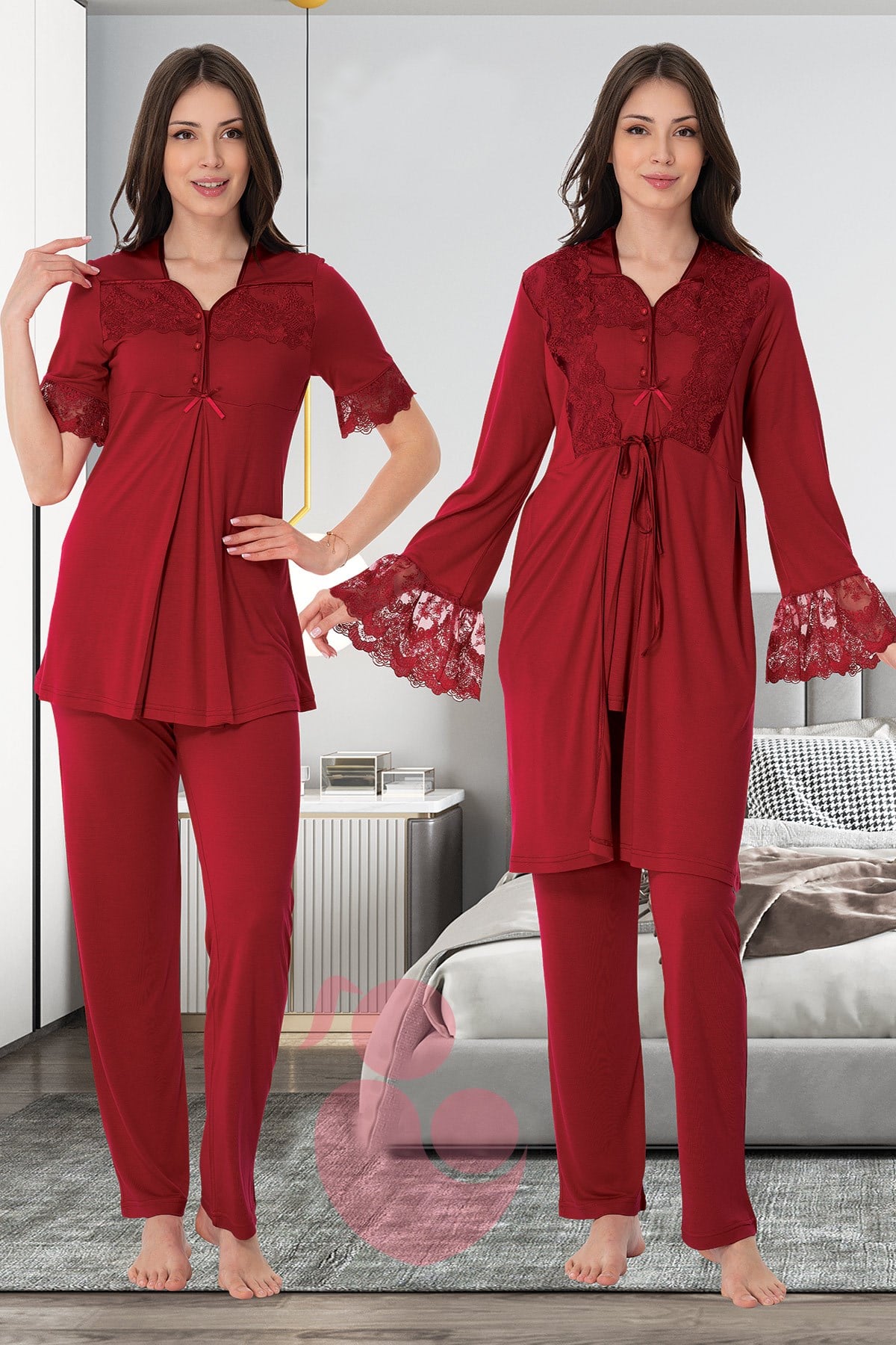 Effortt 9014 Vişne Kolları Dantel Detaylı Sabahlıklı Lohusa Pijama Takımı