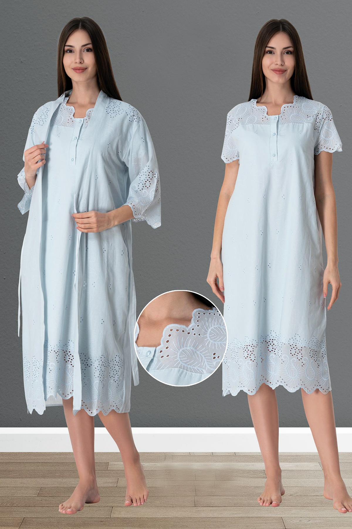 Effortt 9020 Mavi Fistolu Pamuk Astarlı Sabahlıklı Lohusa Gecelik Takımı