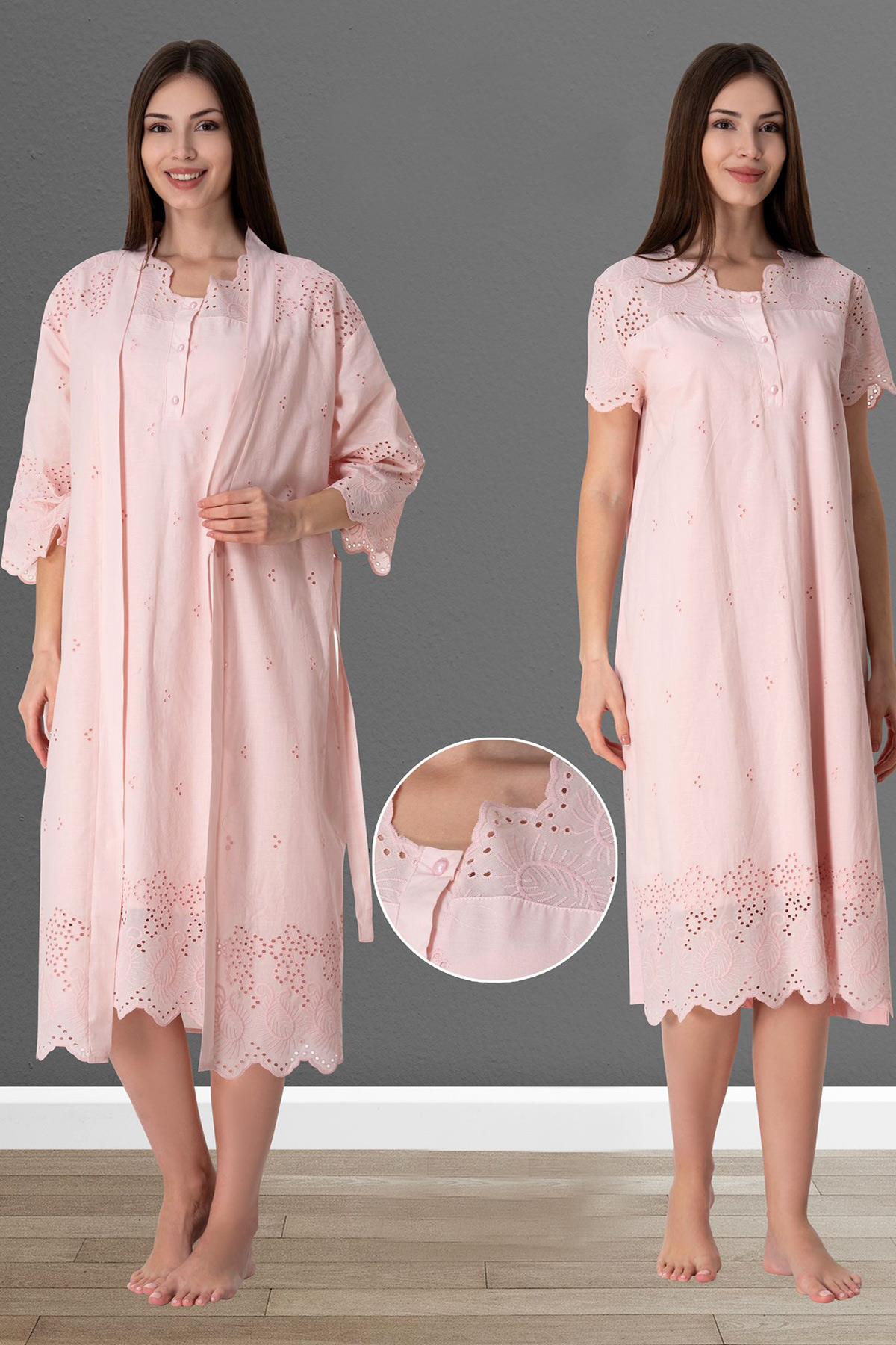 Effortt 9020 Pudra Pembe Fistolu Pamuk Astarlı Sabahlıklı Lohusa Gecelik Takımı