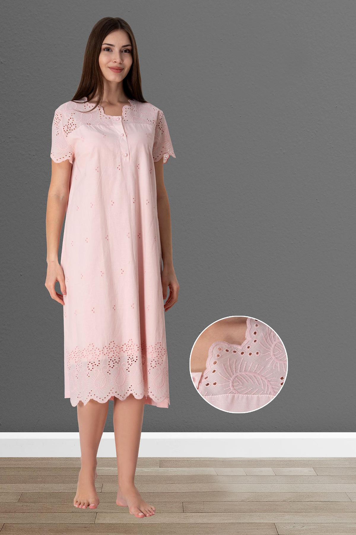 Effortt 9023 Pudra Pembe Fistolu Pamuk Astarlı Lohusa Gecelik