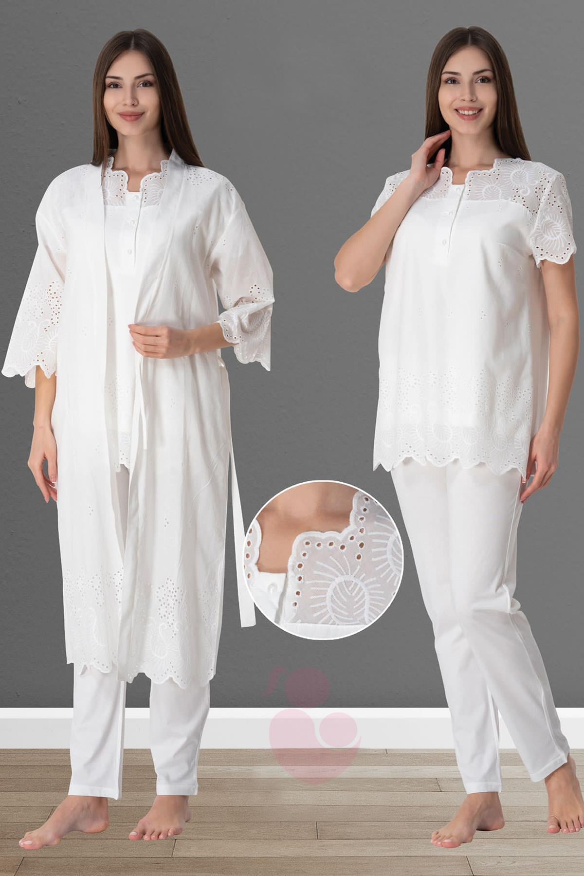 Effortt 9024 Ekru Fisto Sabahlıklı Lohusa Pijama Takımı